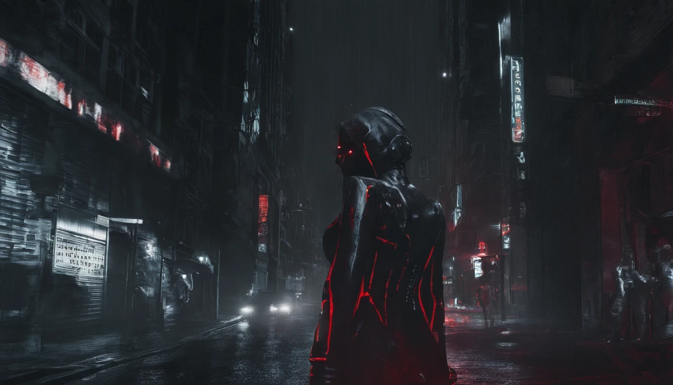 There's a cyborg woman with cyborg elements on her face standing in a cyberpunk city alley at night, futuristic soldier female tight suit, dark knight movie aesthetic, darksynth aesthetic, red neons, beautiful woman, haze, foggy night, horror cyberpunk, noir aesthetic, sci fi thriller aesthetic, ultra detailed, photorealistic.