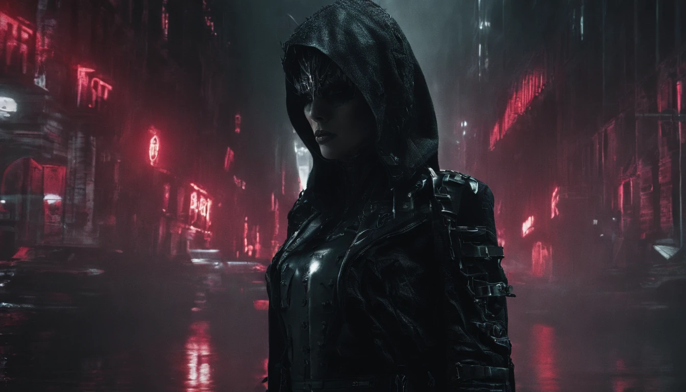 There's a cyborg woman with cyborg elements on her face standing in a cyberpunk city alley at night, futuristic soldier female tight suit, dark knight movie aesthetic, darksynth aesthetic, red neons, beautiful woman, haze, foggy night, horror cyberpunk, noir aesthetic, sci fi thriller aesthetic, ultra detailed, photorealistic.