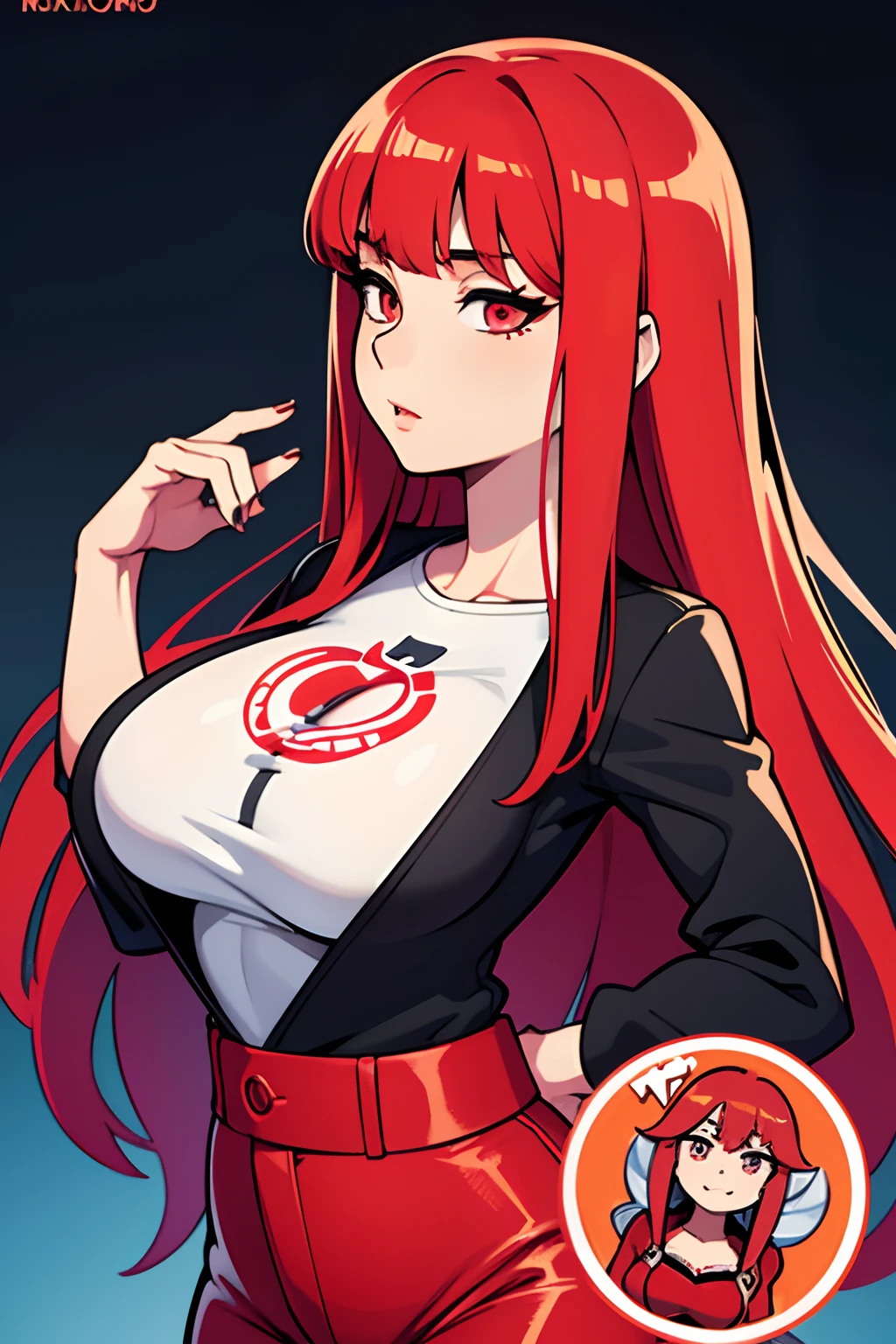 Elvira-4, Beautiful Gynoid,long wavy red hair, silver eyes,big bouncing breasts,[warning a Japanese jacket],[Japanese t-shirt],[Japanese pants],medium:illustrations,detailed face,ultra-detailed,bodydetails,[best quality:1.2],[highres,4k],vibrant colors,bokeh,soft lighting