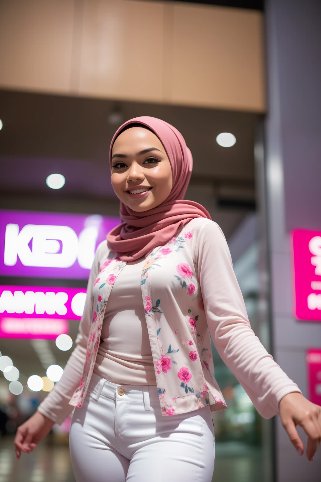 Portrait photography of a beautiful young malay girl in hijab wearing white floral pattern tank top with pink leather jacket and white jeans walking, catwalk, nighttime, crowded mall background, bright lighting, smile and happy gesture,