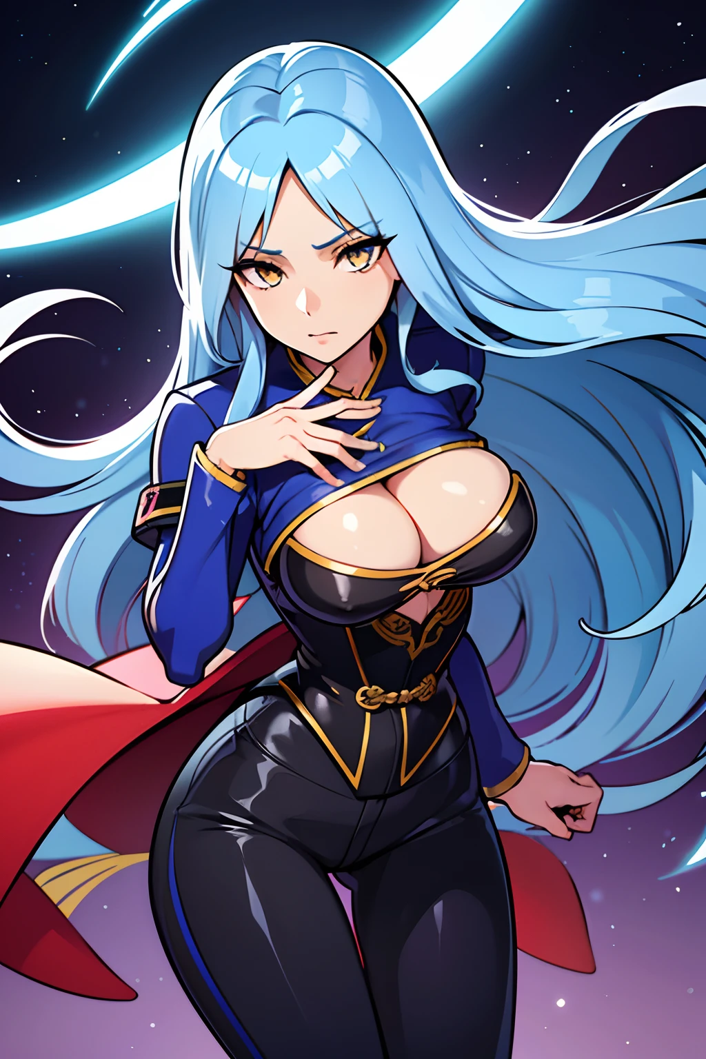 Elvira-5, Beautiful Gynoid,long wavy blue hair, gold eyes,big bouncing breasts,[warning a Japanese jacket],[Japanese t-shirt],[Japanese pants],medium:illustrations,detailed face,ultra-detailed,bodydetails,[best quality:1.2],[highres,4k],vibrant colors,bokeh,soft lighting