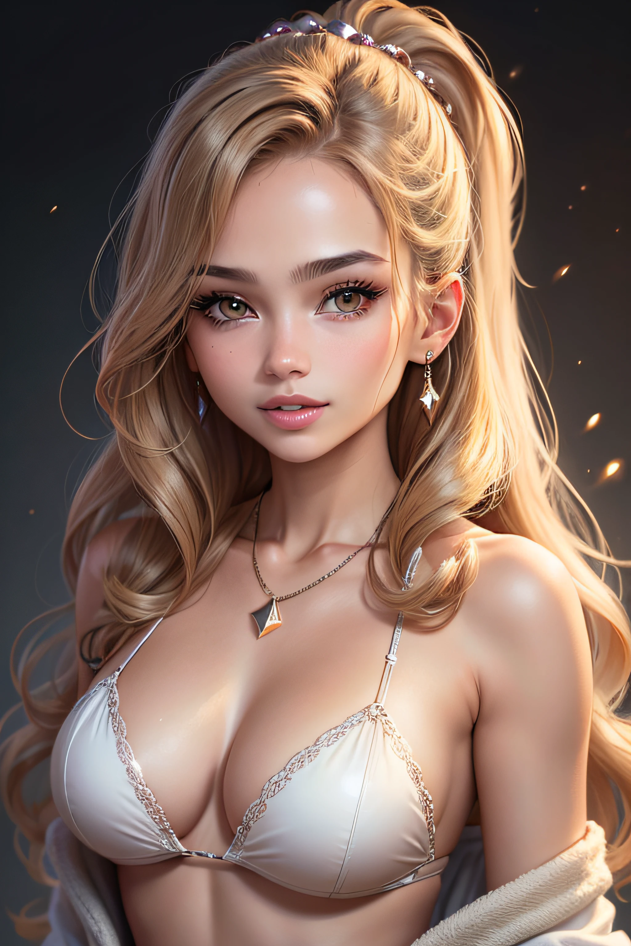 (A frontal photo)blonde girl in winter clothes, Pretty face, Highly detailed face and skin texture, (Detailed eyes), Brown eyes, Double eyelids, Thin eyebrows, Glitter eyeliner: 1.2, Natural cheeks, Glowing skin, Light skin: 1. 2, Shiny necklace and earrings, (Shiny lips: 1. 4), (Seductive smile), (20 years old), (High ponytail, Wavy hair, Brown hair, Diagonal bangs), Medium long hair, ((Upper body shot)), (Focus on chest and face), Medium large breasts, Turgid breasts.