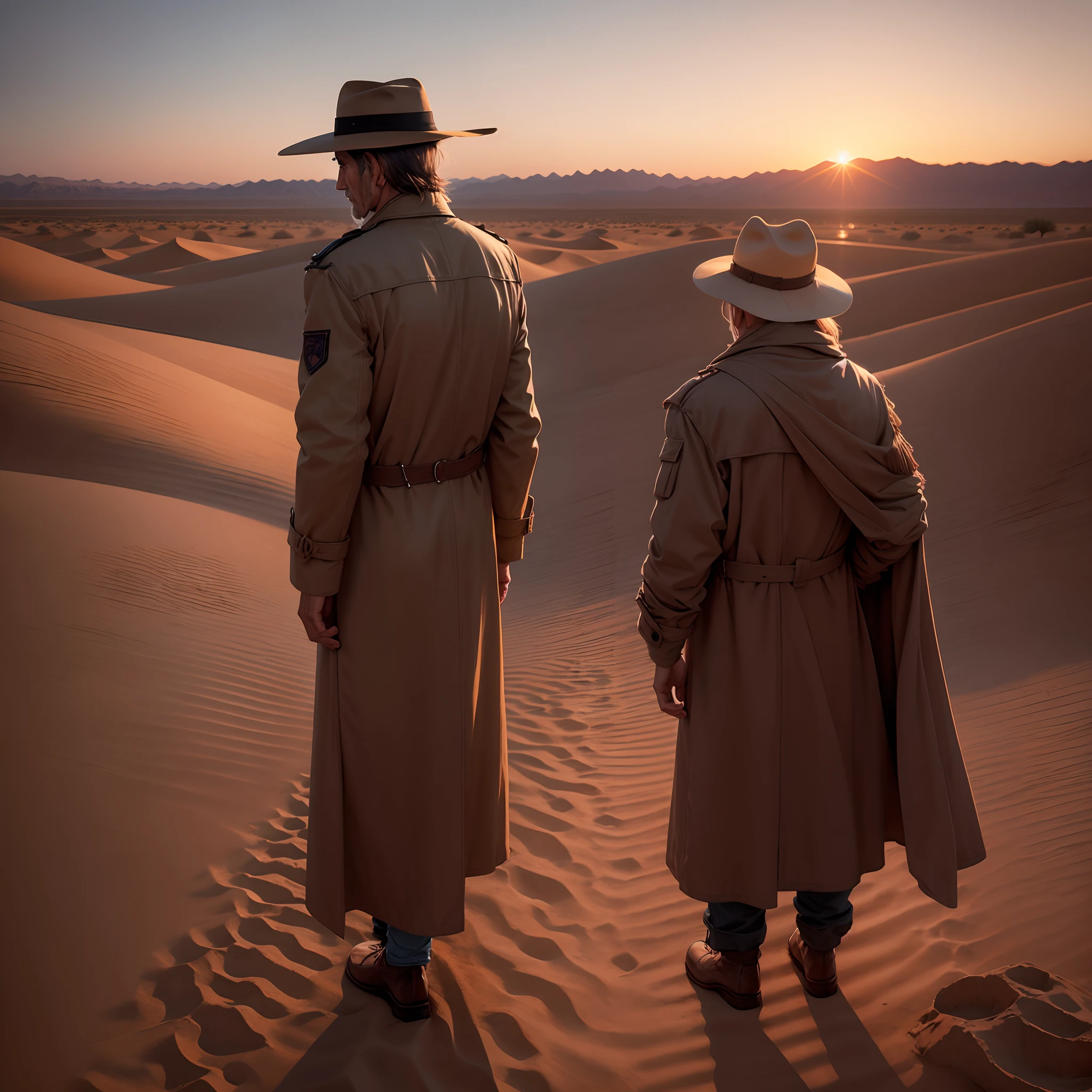 Sunset,A lonely man in the desert(Look back and stand,Looming,Scars on the face,mature),Side face to face the camera,Hand touch the hat,Wearing a desert trench coat,The kind of mature male who is arrogant and heroic