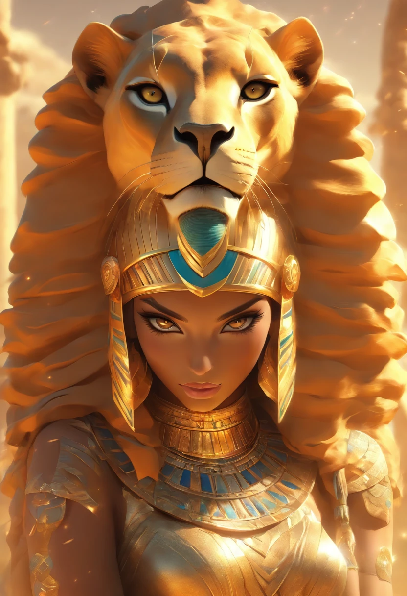 (((SEKHMET))) best quality, ultra-high resolution, 4K detailed CG, master piece, woman, Lioness Goddess, Pharaoh crown, adornment, Egyptian clothing, Egyptian mythology, desert, aesthetics, ((Lioness helmet)), standing, Beautiful image, centered