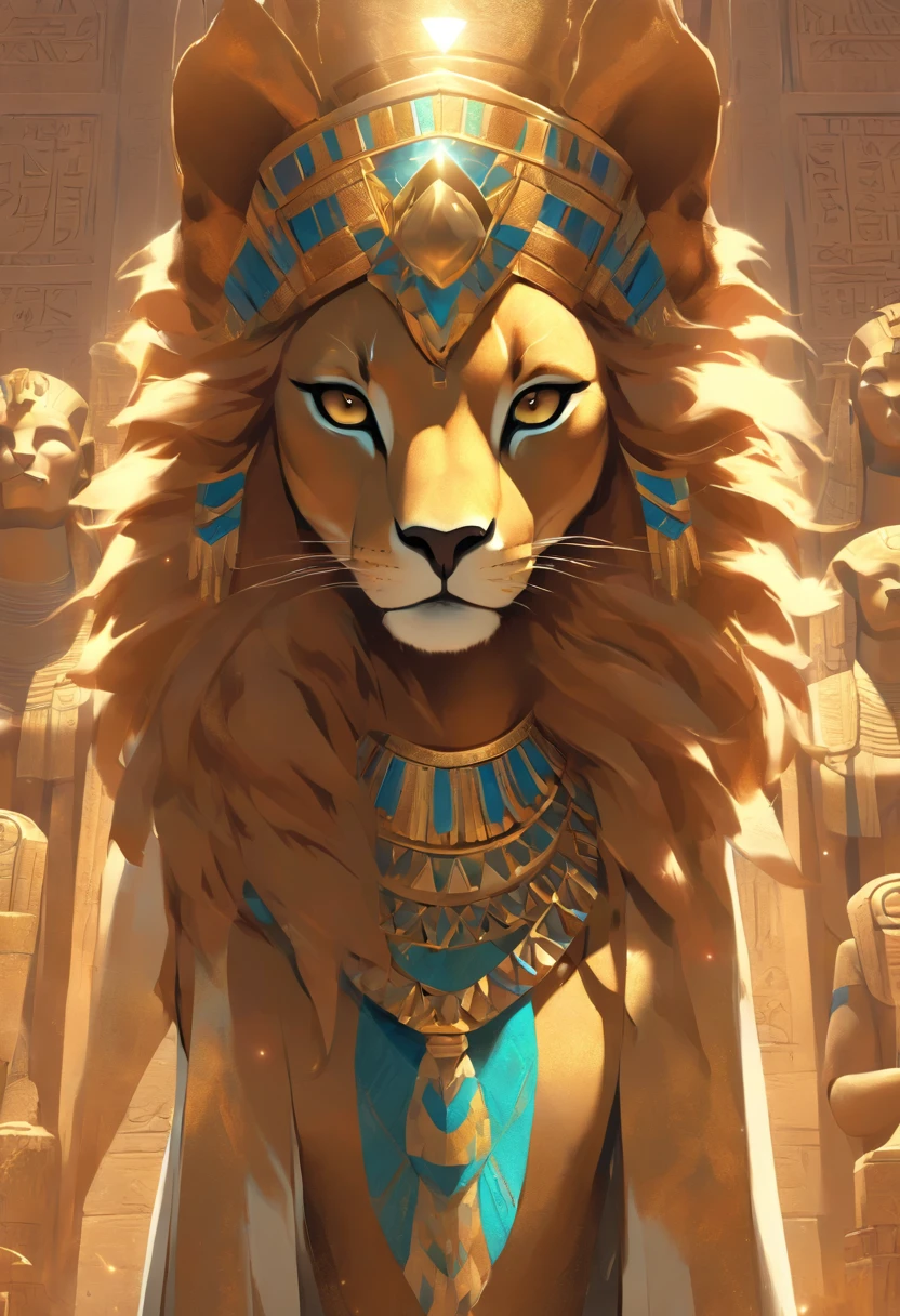 (((SEKHMET))) best quality, ultra-high resolution, 4K detailed CG, master piece, woman, Lioness Goddess, Pharaoh crown, adornment, Egyptian clothing, Egyptian mythology, desert, aesthetics, ((Lioness helmet)), standing, Beautiful image, centered
