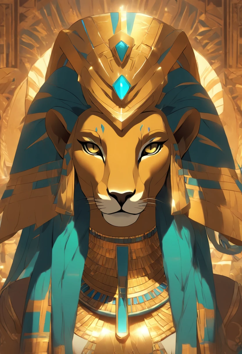 (((SEKHMET))) best quality, ultra-high resolution, 4K detailed CG, master piece, woman, Lioness Goddess, Pharaoh crown, adornment, Egyptian clothing, Egyptian mythology, desert, aesthetics, ((Lioness helmet)), standing, Beautiful image, centered