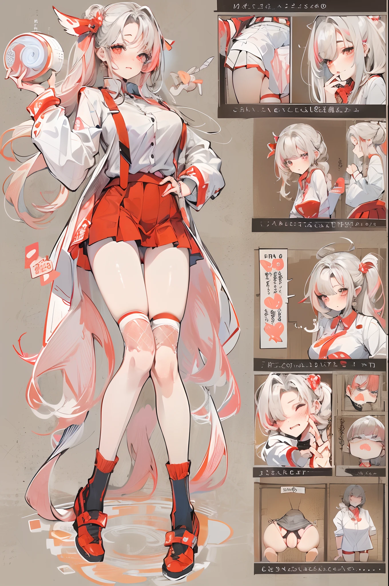 (tmasterpiece、超A high resolution、top-quality:1.1)、Mono Color、1girl in、独奏、(Knee socks)、(Student clothes)、whaite hair、double tails、[A smile]、With full breasts(breast enhancement）、Plump thighs and buttocks、Red blush、ahe-face、sexual position、A short skirt