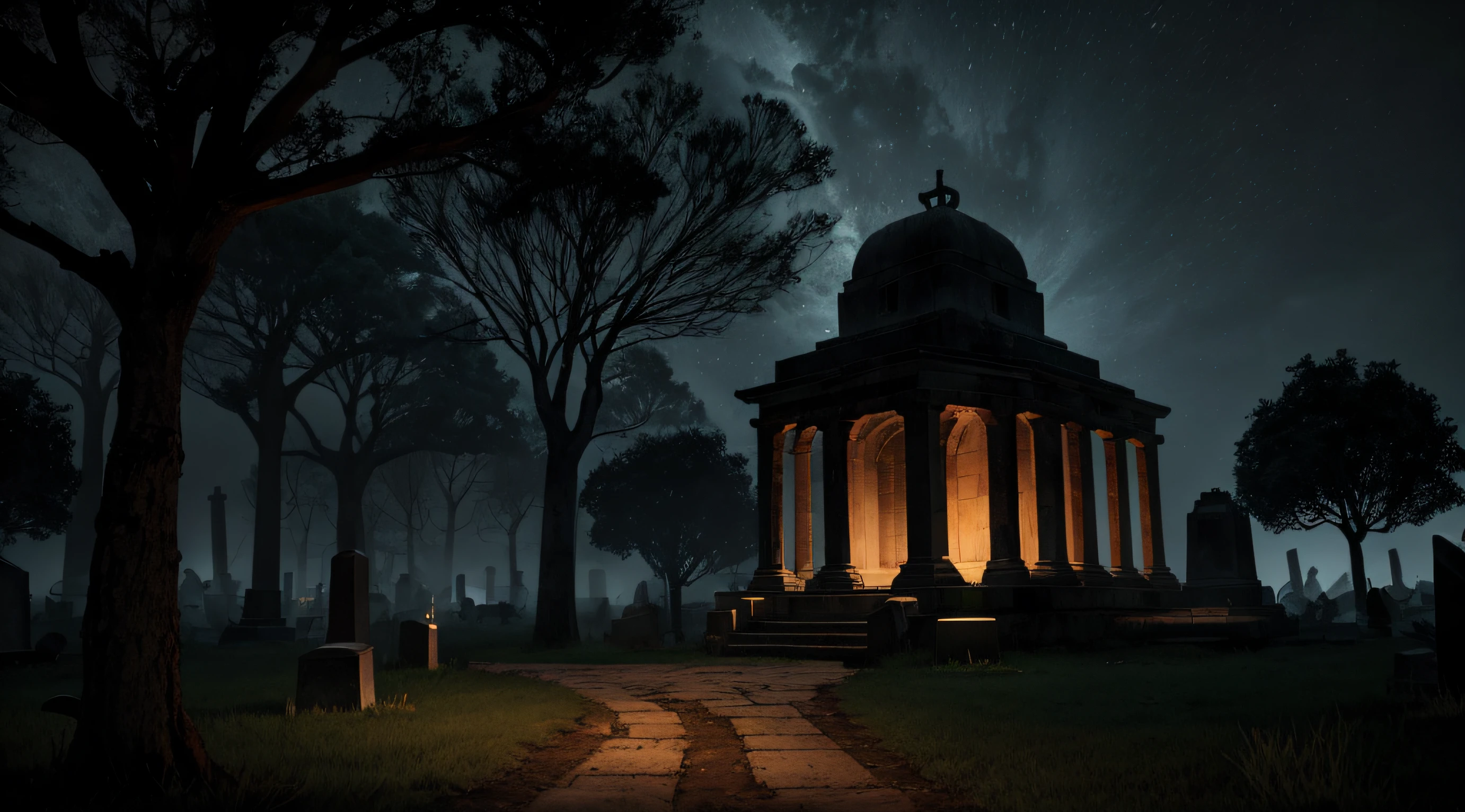 Inside a gloomy graveyard at night, overlooking a mausoleum with candles, corvos voando sob a luz da lua, Dry trees, cores frias, Volumetric lights, HDR, horror, Ultra realista, altamente detalhado, cinemactic, ambient occlusion, neblina,