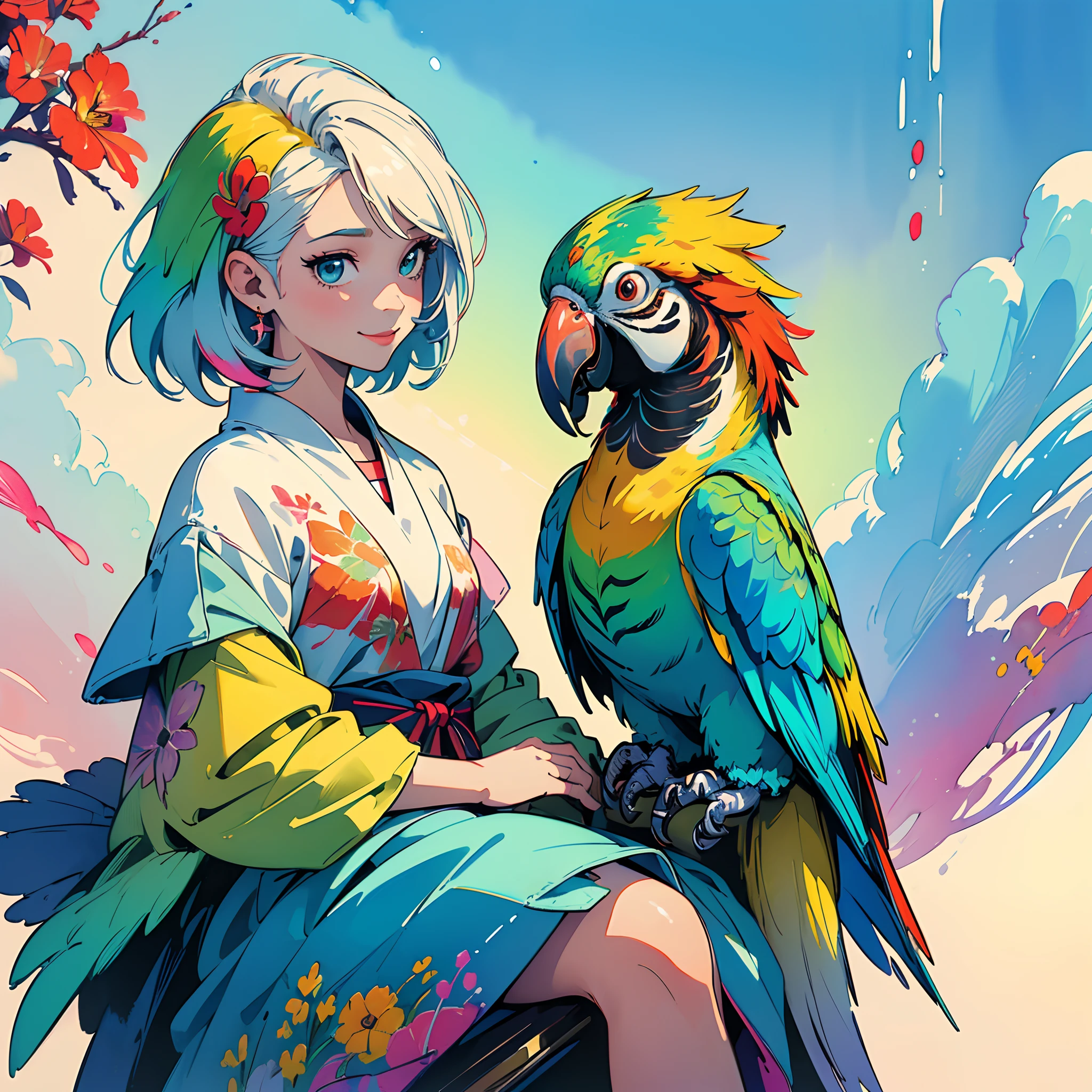 (best quality,ultra-detailed,photorealistic:1.37),(painting,watercolor,ink),(vibrant colors,diverse colors),(cheerful,innocent)girl with a bright smile,(parrot,cockatoo)perched next to the girl,anime