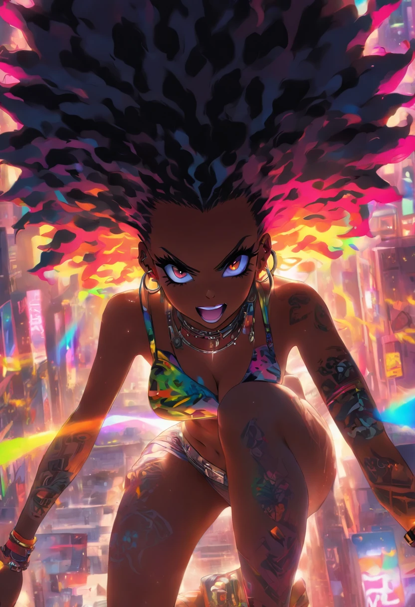 The most beautiful and naked sexy punk rock girl, black Afro, huge boobs, rainbow hair, yellow eyes, dark skin, High resolution