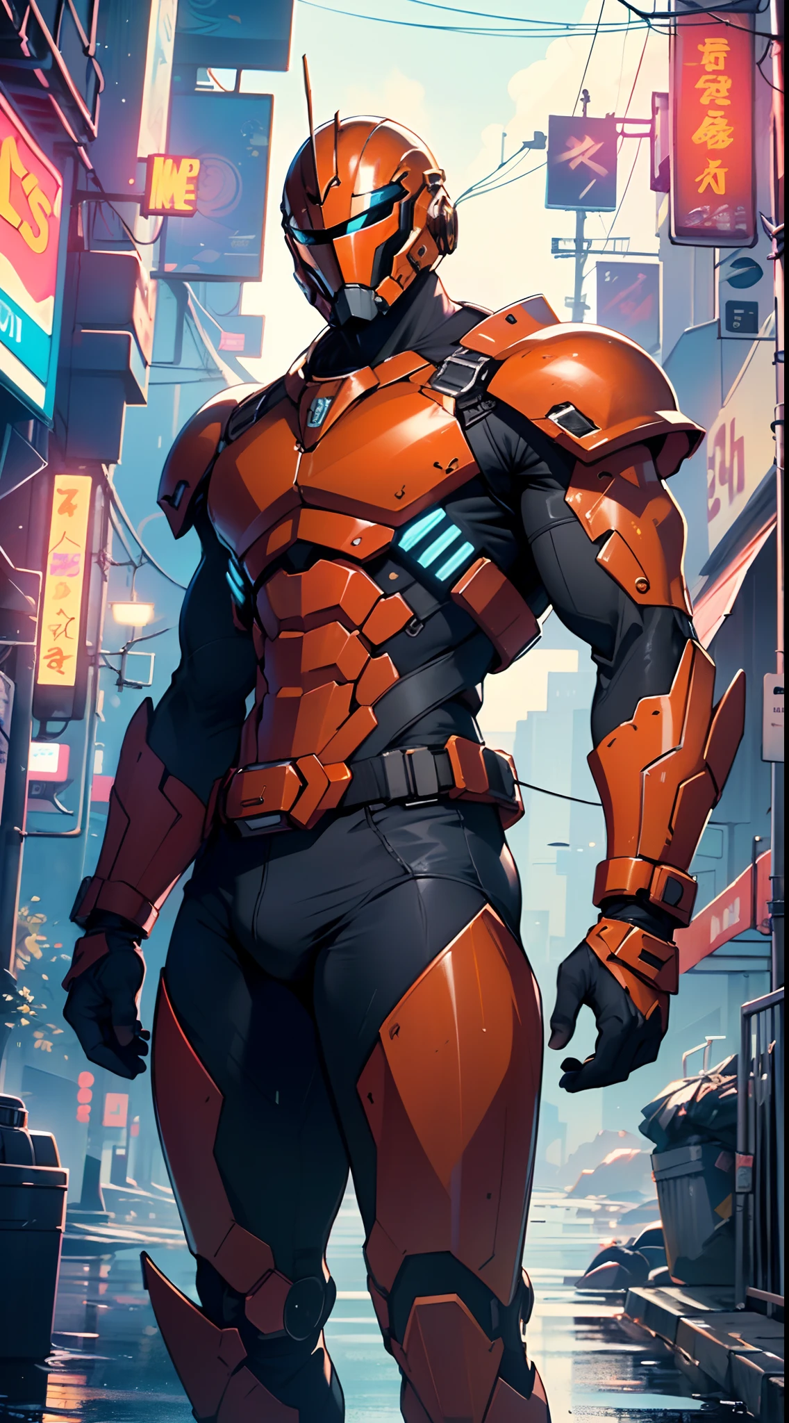muscular man in mecha armor,(((1man))),((man muscular in mecha armor)),
((exaggerated muscles,exaggerated shoulders,very muscular and huge)),man chest,((((muscular,muscular man,tall,big biceps,abs,big thighs,broad shoulders)))),
mandalorian helmet,underwater armor, mecha armor, full of weapons, LED lights, RGB lights,((wet armor,intricate armor,detailed armor)),
(dynamic pose:1.0),solo focus,(centered,scale to fit dimensions,Rule of thirds),
cyberpunk city by the ocean at night, with bright neon signs and dark stormy clouds and puddles, scenery:1.25,
highres, sharp focus, (ultra detailed, extremely detailed), (photorealistic artwork:1.37),(extremely detailed CG unity 8k wallpaper),((synthwave background theme)),(((vibrant colors))),(intricate background),(masterpiece),(best quality),
