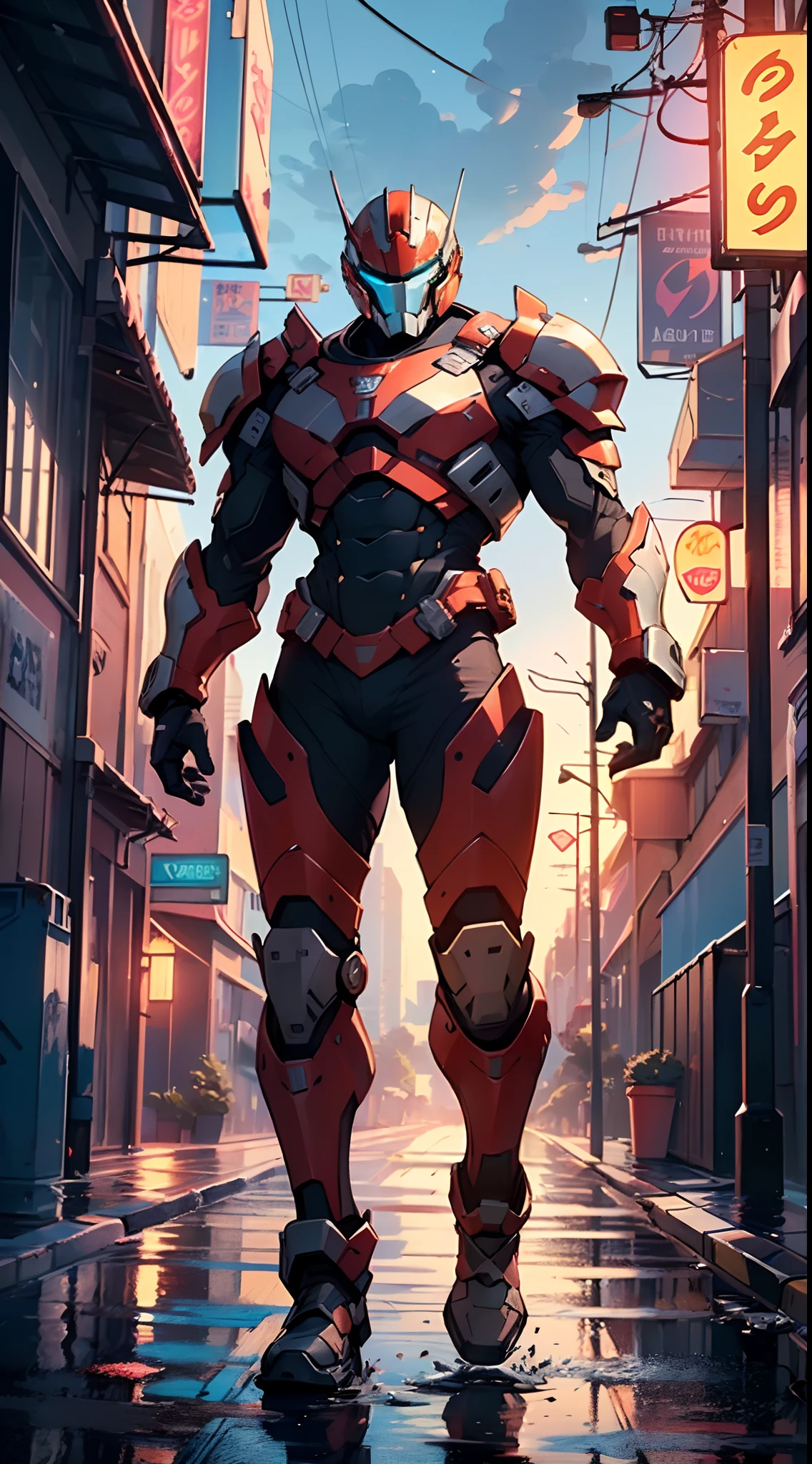muscular man in mecha armor,(((1man))),((man muscular in mecha armor)),
((exaggerated muscles,exaggerated shoulders,very muscular and huge)),man chest,((((muscular,muscular man,tall,big biceps,abs,big thighs,broad shoulders)))),
mandalorian helmet,underwater armor, mecha armor, full of weapons, LED lights, RGB lights,((wet armor,intricate armor,detailed armor)),
(dynamic pose:1.0),solo focus,(centered,scale to fit dimensions,Rule of thirds),
cyberpunk city by the ocean at night, with bright neon signs and dark stormy clouds and puddles, scenery:1.25,
highres, sharp focus, (ultra detailed, extremely detailed), (photorealistic artwork:1.37),(extremely detailed CG unity 8k wallpaper),((synthwave background theme)),(((vibrant colors))),(intricate background),(masterpiece),(best quality),
