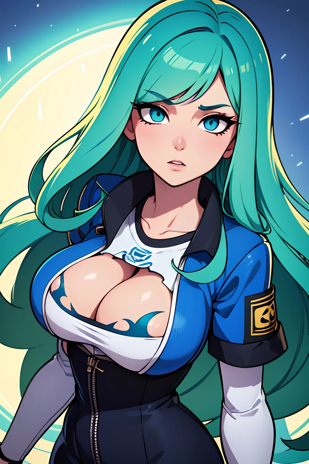 Elvira-6, Beautiful Gynoid,long wavy blue-green hair, blue eyes,big bouncing breasts,[warning a Japanese jacket],[Japanese t-shirt],[Japanese pants],medium:illustrations,detailed face,ultra-detailed,bodydetails,[best quality:1.2],[highres,4k],vibrant colors,bokeh,soft lighting
