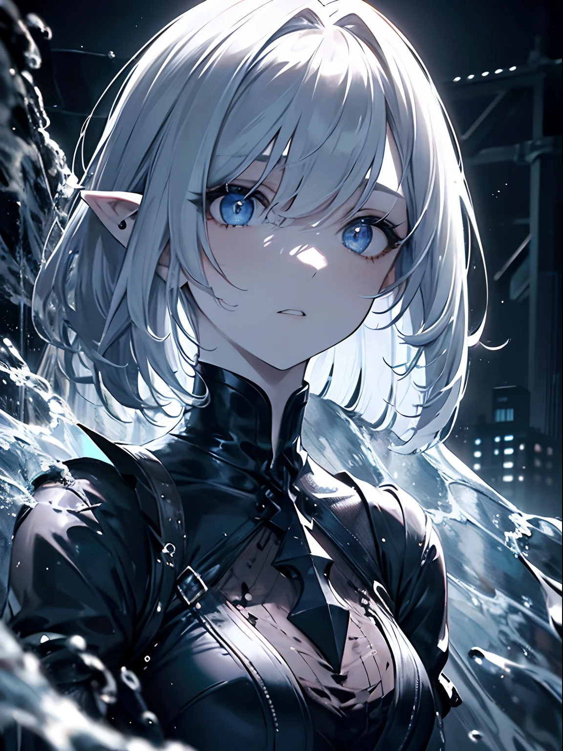 (masterpiece,best quality,ultra-detailed),1girl,messy hairstyle,mane, long bob cut,black and blue hait,pale skin,pointy ears,beautiful and detailed face, detailed eyes,night,fog,street, looking at viewer,small chest,((grey theme)),((water theme))