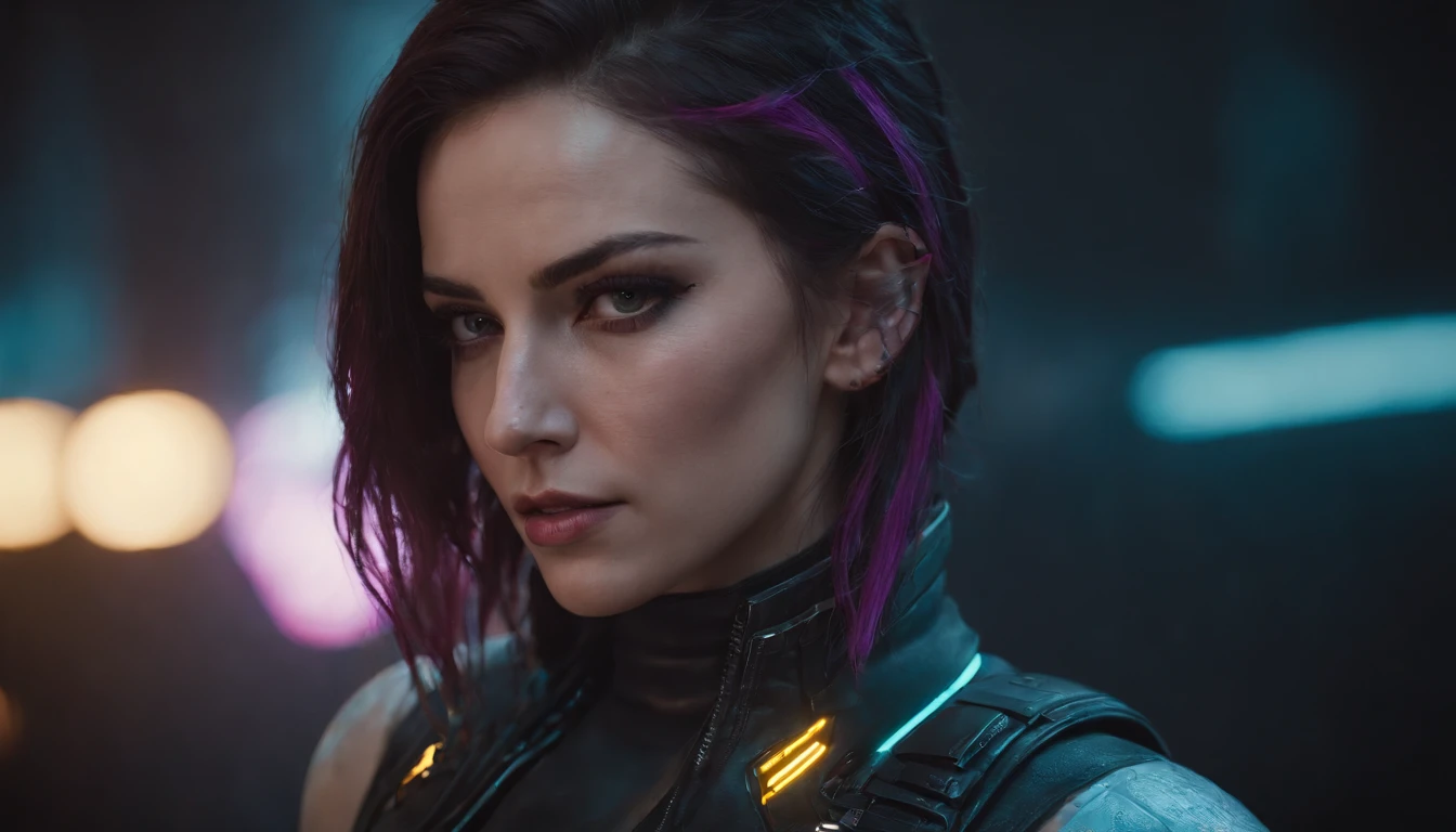 a beautiful 18 year old girl with bionic implants, green eyes (very intense and sweet), (deep purple hair), skin as white as snow, super sexy, extreme realism, (hdr), detailed face, intricate mechanical details, enhancements bright cybernetics on the face and body, dynamic pose, dramatic lighting, intense light, cinematic composition, photorealistic, 8k, masterpiece, posing with the face sideways with a sexy smile, matrix type background.