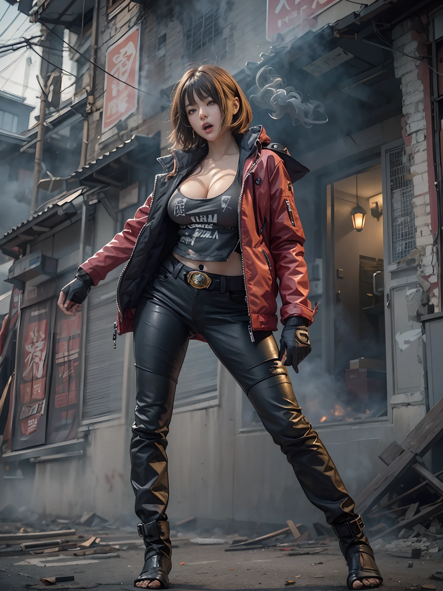 Giant Akari in crop top and jacket, Barefoot, a beauty girl、beautiful countenance、huge tit、beauty legs、well-muscled、athletic bodies, gts city, city buildings, Smoke coming from a broken building, Confront evil black smoke and assimilating monsters、Screaming and fighting、Fighting face、fighting poses、Sexy Kamen Rider Behind the Scenes、Mysterious Hero、Mysterious Savior