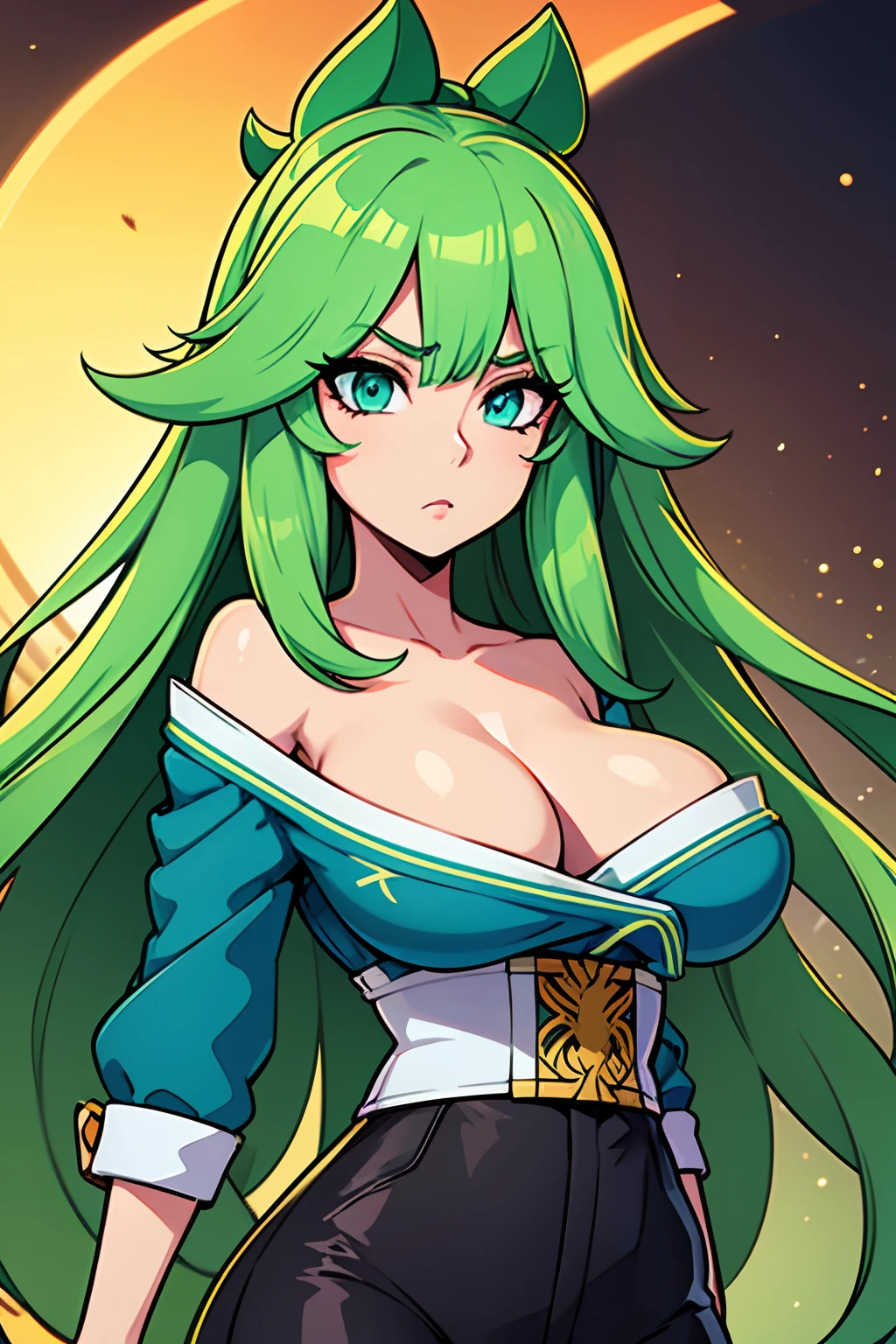 Elvira-7, Beautiful Gynoid,long wavy green hair, blue-green eyes,big bouncing breasts,[warning a Japanese jacket],[Japanese t-shirt],[Japanese pants],medium:illustrations,detailed face,ultra-detailed,bodydetails,[best quality:1.2],[highres,4k],vibrant colors,bokeh,soft lighting