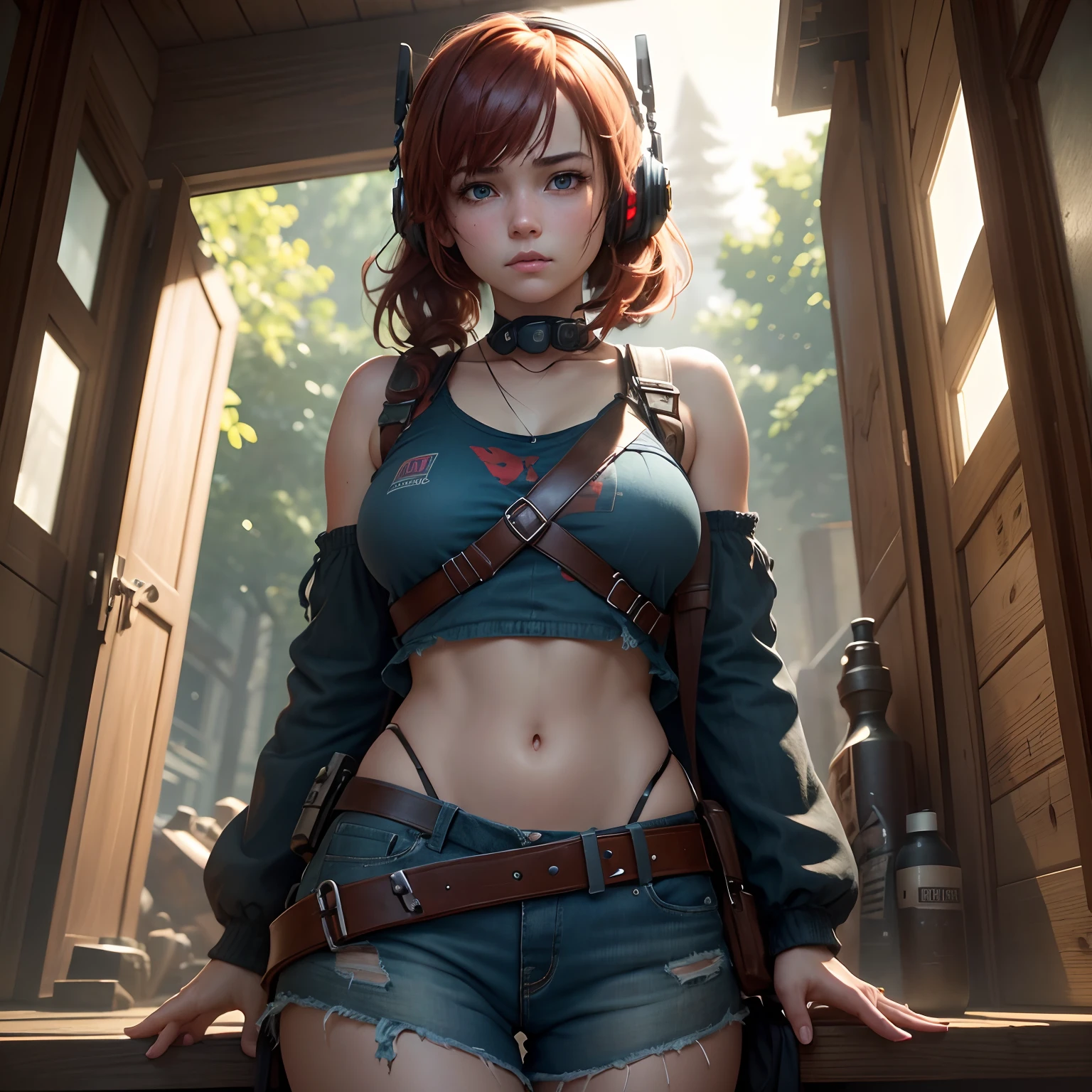 8k, masterpiece, best quality, realistic, higly detailed, cowboy shot, 1girl, solo, miku, emotionless looking girl, medium-length red hair, strands of hair hanging over the right side of her face, a set of wireless headphones that have a triangle-shaped logo on the ear cups around her neck, dark blue eyes, average height, well-endowed figure, large breasts, bangs cover her right eye, The Last of Us