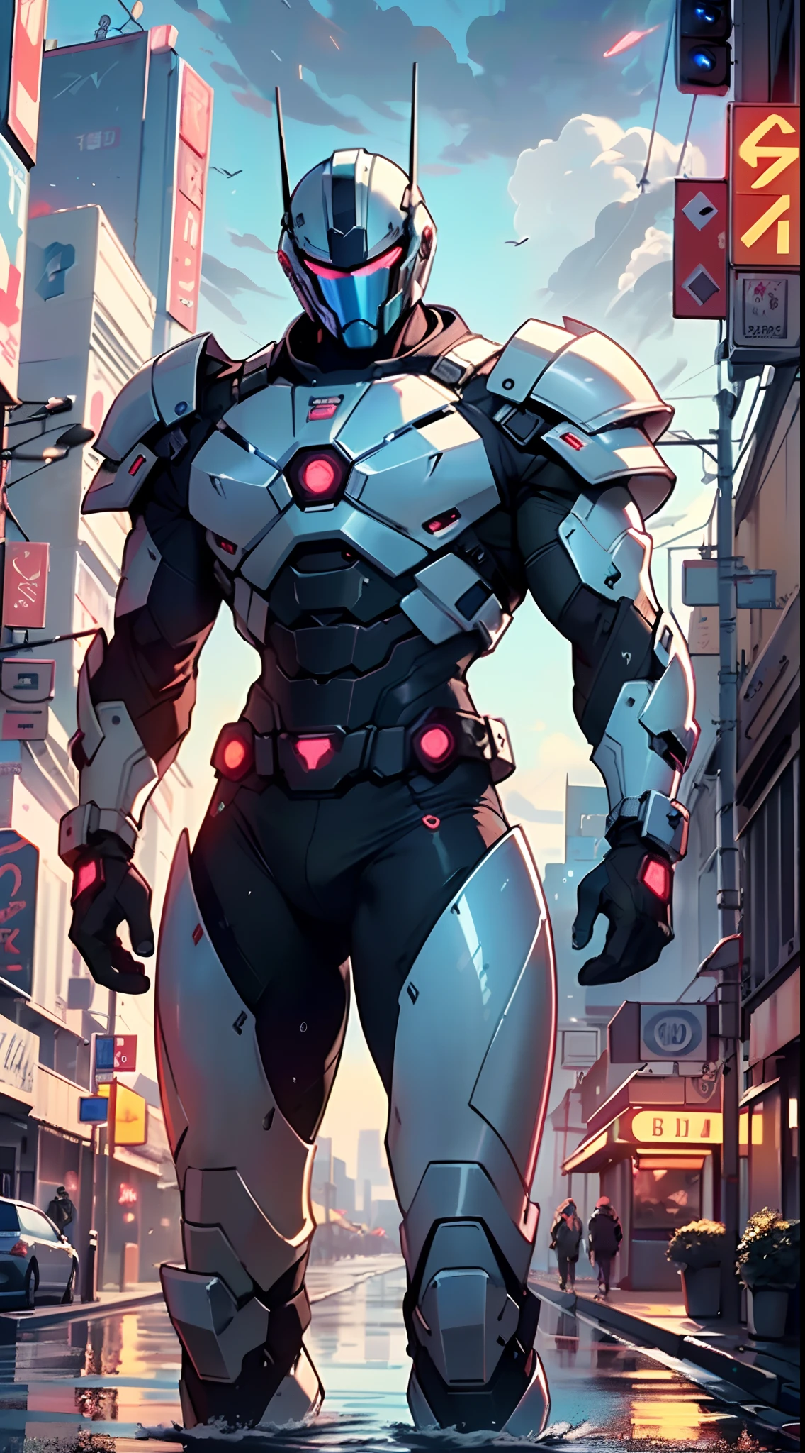 muscular man in mecha armor,(((1man))),((man muscular in mecha armor)),

((exaggerated muscles,exaggerated shoulders,very muscular and huge)),man chest,((((muscular,muscular man,tall,big biceps,abs,big thighs,broad shoulders)))),

mandalorian helmet,underwater armor, mecha armor, full of weapons, LED lights, RGB lights,((wet armor,intricate armor,detailed armor)),

(dynamic pose:1.0),solo focus,(centered,scale to fit dimensions,Rule of thirds),

cyberpunk city by the ocean at night, with bright neon signs and dark stormy clouds and puddles, scenery:1.25,

highres, sharp focus, (ultra detailed, extremely detailed), (photorealistic artwork:1.37),(extremely detailed CG unity 8k wallpaper),((synthwave background theme)),(((vibrant colors))),(intricate background),(masterpiece),(best quality),