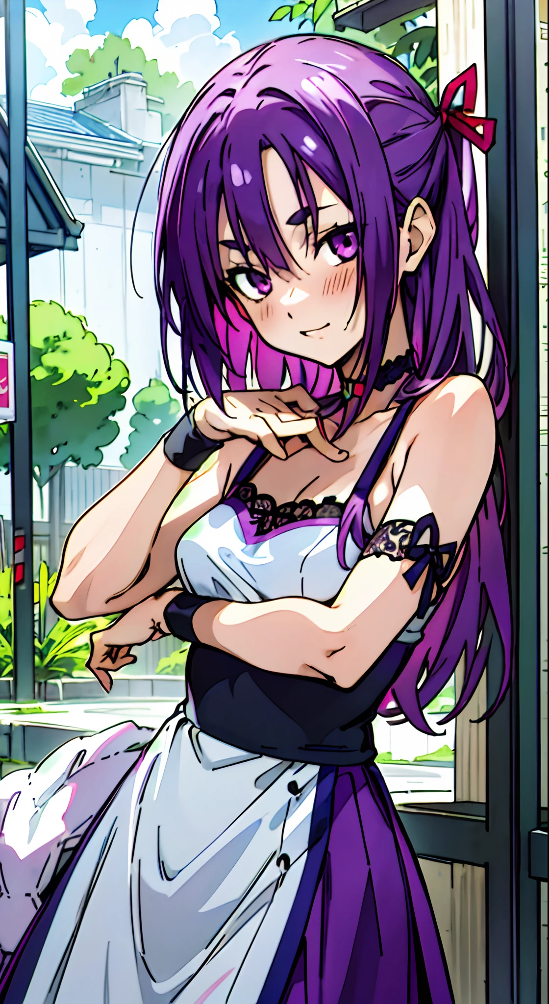 masutepiece, Best Quality, Ultra-detailed, Young Girl, Colorful,Up-close, Hyper-detailing，purple color  hair, Ultra-realistic hair quality, Vibrant colors, Beautuful Women, Beautiful long hair, Shiny hair, detailed hairs, Hair Ribbon, Single-sided up, Reo Mikage, Blue Lock, no sleeves, camisole, Camisole and cheongsam, cheongsam, Dress, Lace dress, white panniers, chinese clothes, Chest exposure, Lace underwear, Metamorphosis is exposed, Choker, Black Choker, arm warmer, Sexy breasts, Scar, Big breasts, red blush, 1girl in, Solo, Sharp face, Heterochromia, Green eyes, Purple eyes, Bare neck, Happy face, 2hand, 5 fingers, happiness face, rays of sunshine, brautiful sky, shining sky, slum town