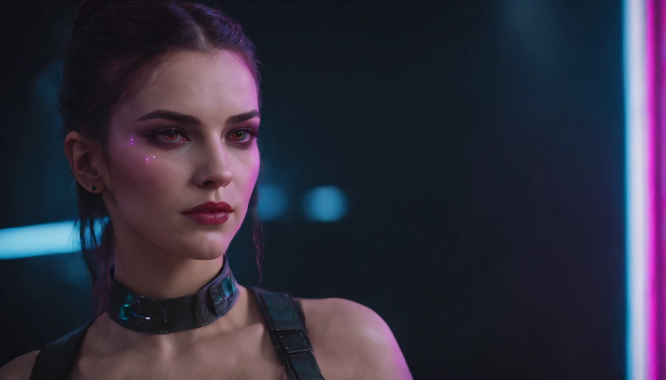 portrait of a cyberpunk 2077 female character, beautiful face, darksynth aesthetic, thriller aesthetic, ultra detailed, horror cyberpunk, red neon lights.