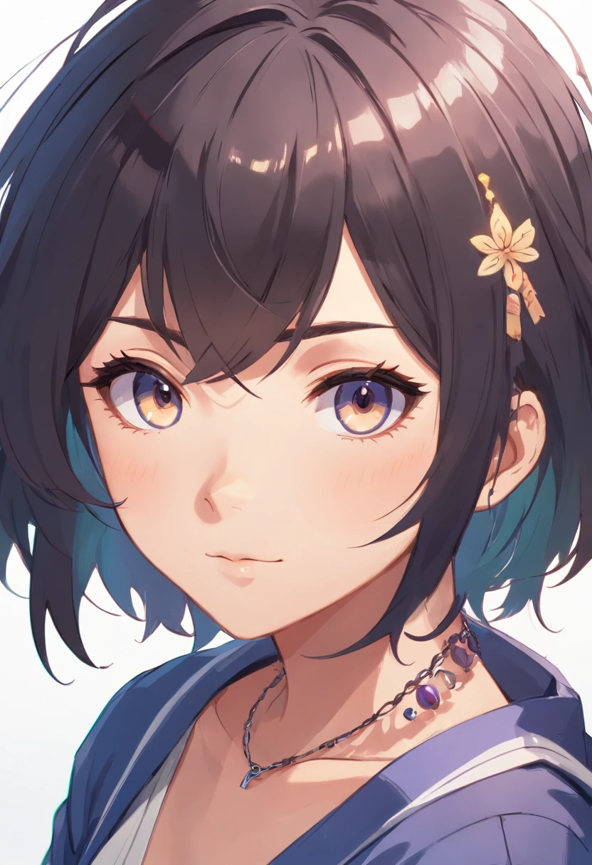 Chica detallada de cabello negro y ojos negros, con tatuajes completos, collares de plata, y mirada penetrante, Ilustraciones, fondo blanco