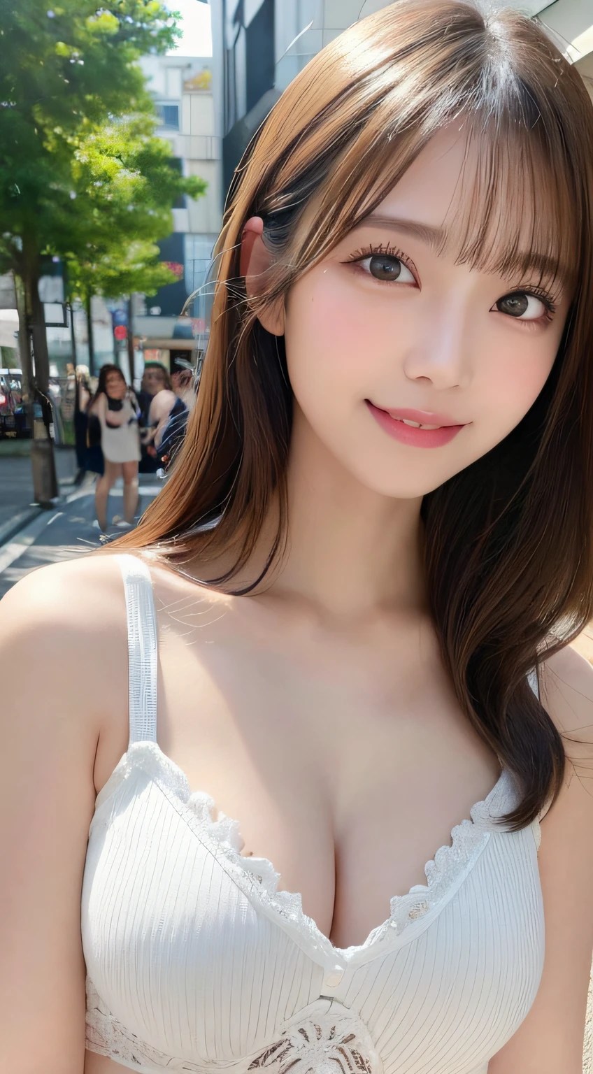 masutepiece, Best Quality, Illustration, Ultra-detailed, finely detail, hight resolution, 8K Wallpaper, Perfect dynamic composition, Beautiful detailed eyes, Women's Fashion Summer,Medium Hair,Small breasts natural color lip, Bold sexy poses,Smile,Harajuku、20 years girl、Cute、Sexy shot looking at camera