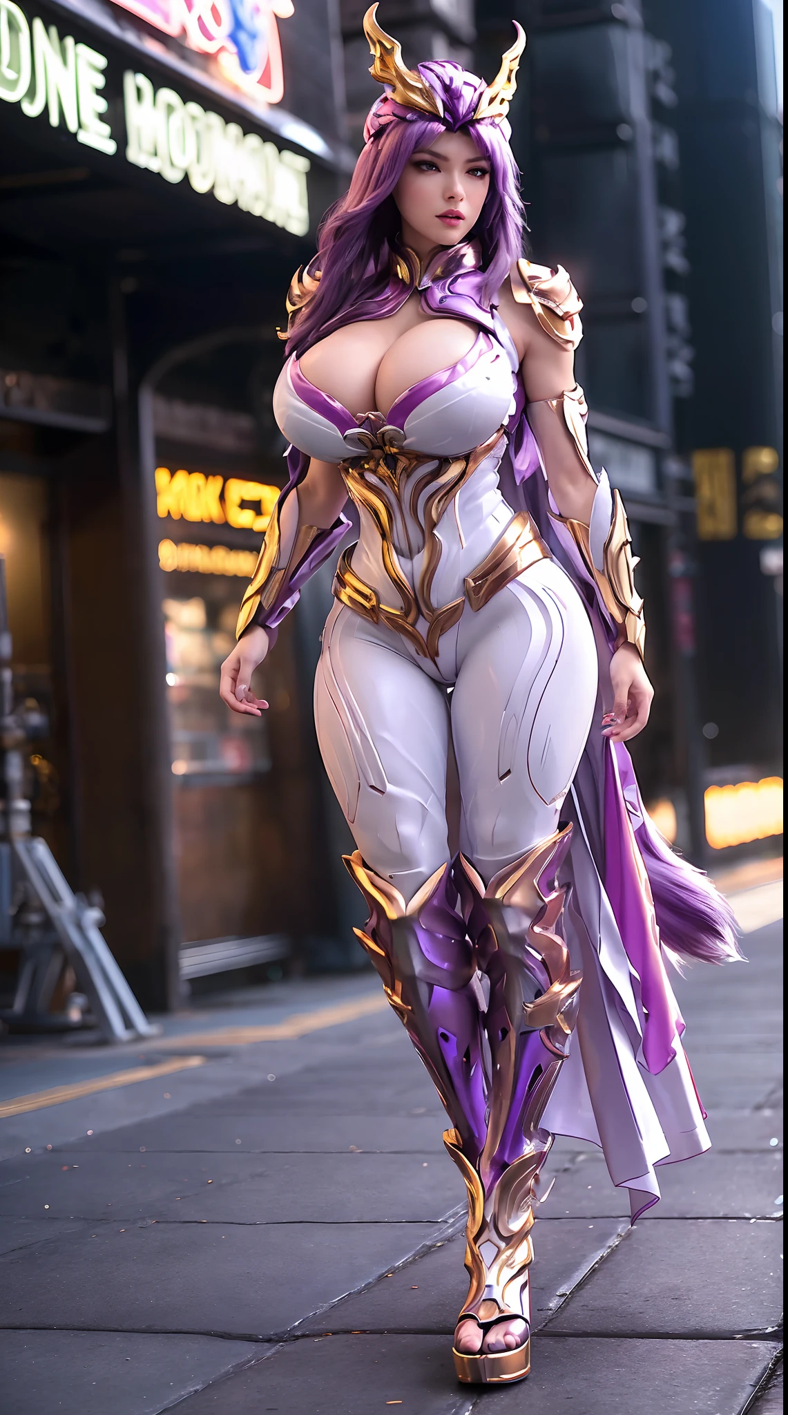 (FOX HELM), (HUGE FAKE BOOBS:1.2), (BEAUTIFUL FACE), (PURPLE, GOLD, WHITE), (DESERT MOUNTAIN), RAINBOW COLOR FUTURISTIC PHOENIX MECHA BODYSUIT, (CLEAVAGE), (SKINTIGHT YOGA PANTS), (HIGH HEELS), (PERFECT BODY:1.2), (FULL BODY VIEW), (LOOKING AT VIEWER), (WALKING DOWN:1.2), SEXY MUSCULAR BODY, (MUSCLE ABS), UHD, 8K, 1080P.