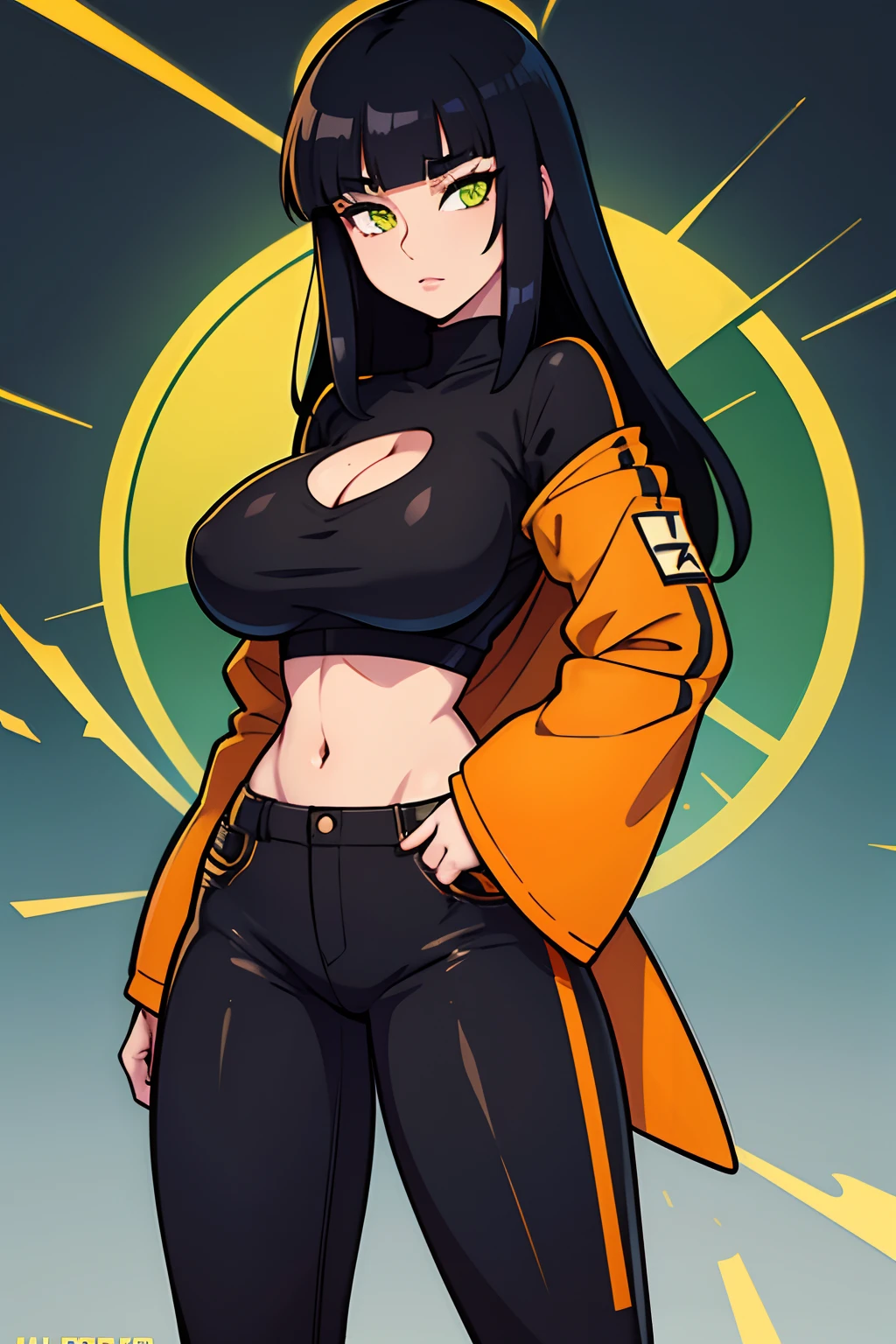 Elvira-8, Beautiful Gynoid,long orange and black hair, yellow-green eyes,big bouncing breasts,[warning a Japanese jacket],[Japanese t-shirt],[Japanese pants],medium:illustrations,detailed face,ultra-detailed,bodydetails,[best quality:1.2],[highres,4k],vibrant colors,bokeh,soft lighting