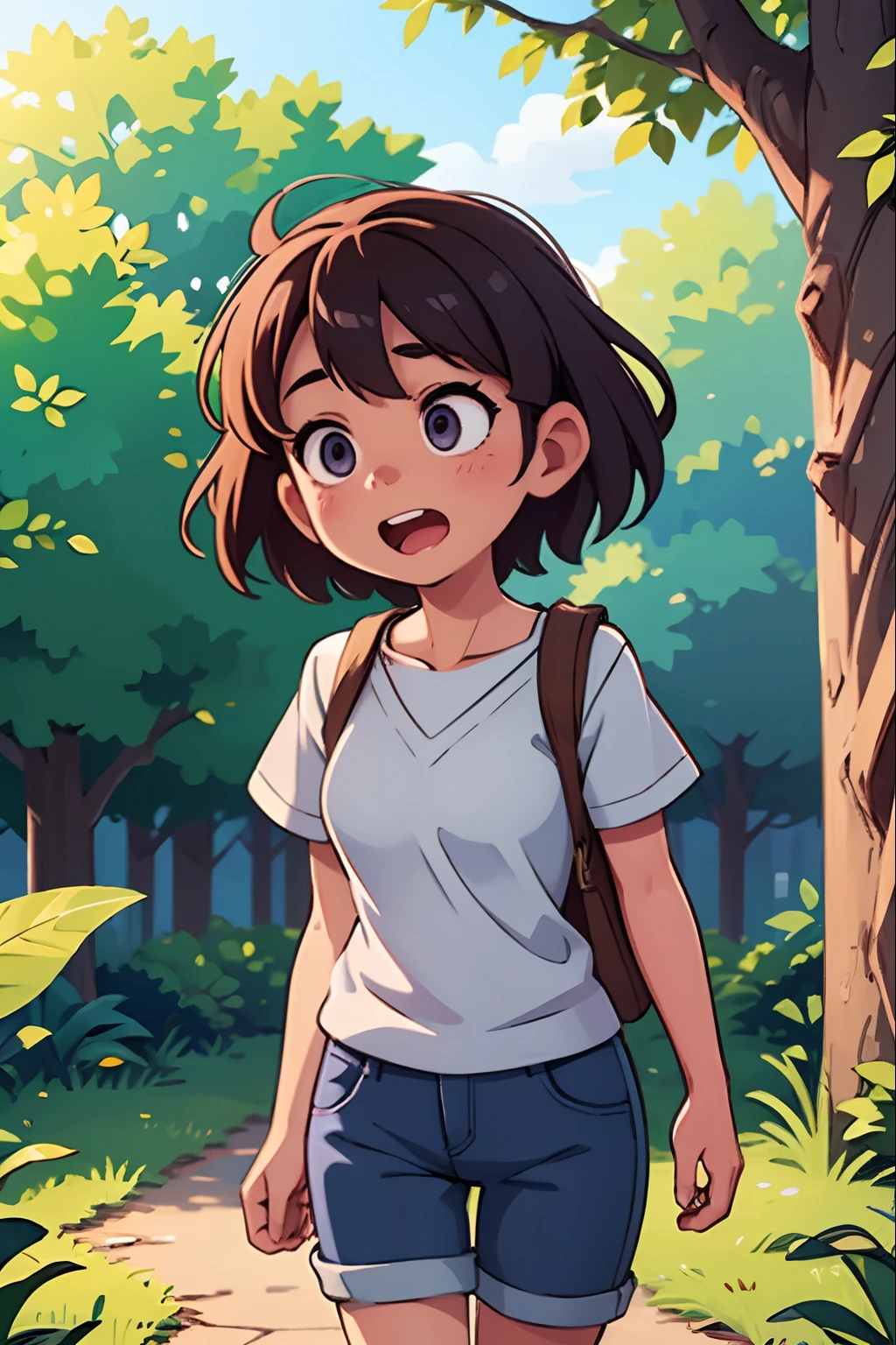 Girl taking a walk in the park,Yawning face、Detailed trees and leaves,High quality,Ultra-detailed,Realistic,Soft colors,Morning light、bustup、Eye Up