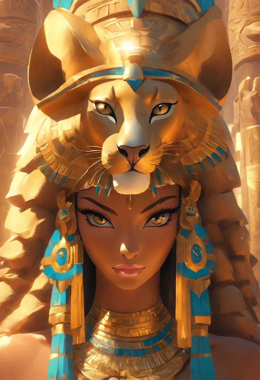 (((Sekhmet))) best quality, ultra-high resolution, CG detalhado 4K, piece of master, Woman, Deusa leoa, Pharaoh's Crown, Adorno, egyptian clothes, Egyptian mythology, deserto, esthetic, ((head adornment)), Standing, Beautiful image, Centrado