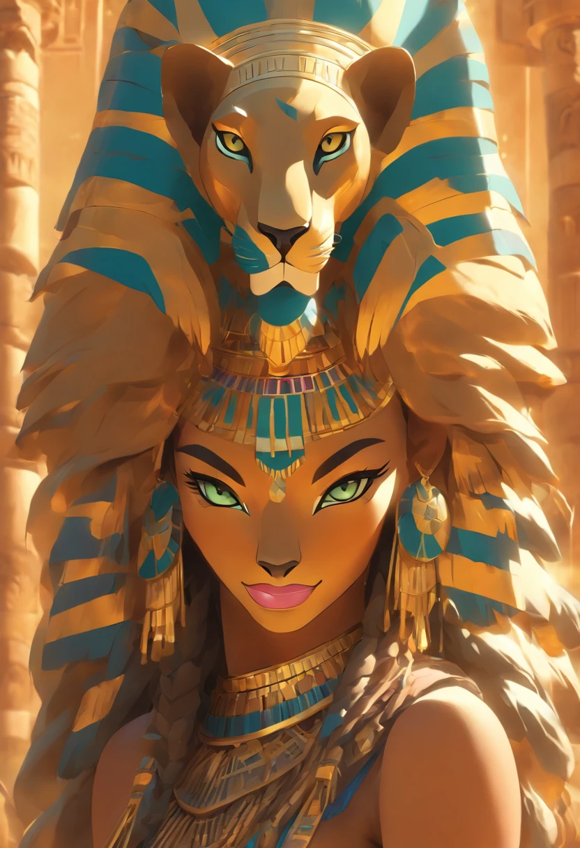 (((Sekhmet))) best quality, ultra-high resolution, CG detalhado 4K, piece of master, Woman, Deusa leoa, Pharaoh's Crown, Adorno, egyptian clothes, Egyptian mythology, deserto, esthetic, ((head adornment)), Standing, Beautiful image, Centrado