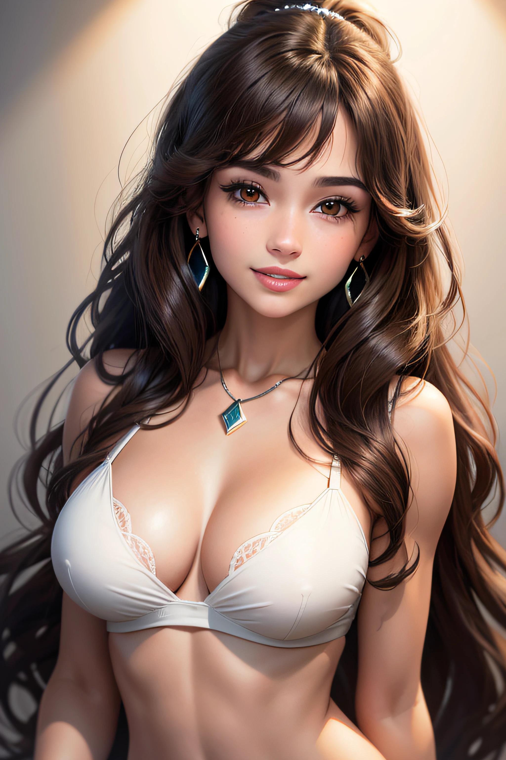 (A front photo)girl in winter clothes, Pretty face, Highly detailed face and skin texture, (Detailed eyes), Brown eyes, Double eyelids, Thin eyebrows, Glitter eyeliner: 1.2, Natural cheeks, Glowing skin, Fair skin: 1. 2, Shiny necklace and earrings, (Shiny lips: 1. 4), (Seductive smile), (20 years old), (High ponytail, Wavy hair, Brown hair, Diagonal bangs), Medium long hair, ((Upper body shot)), (Focus on chest and face), Medium large breasts, Turgid breasts.