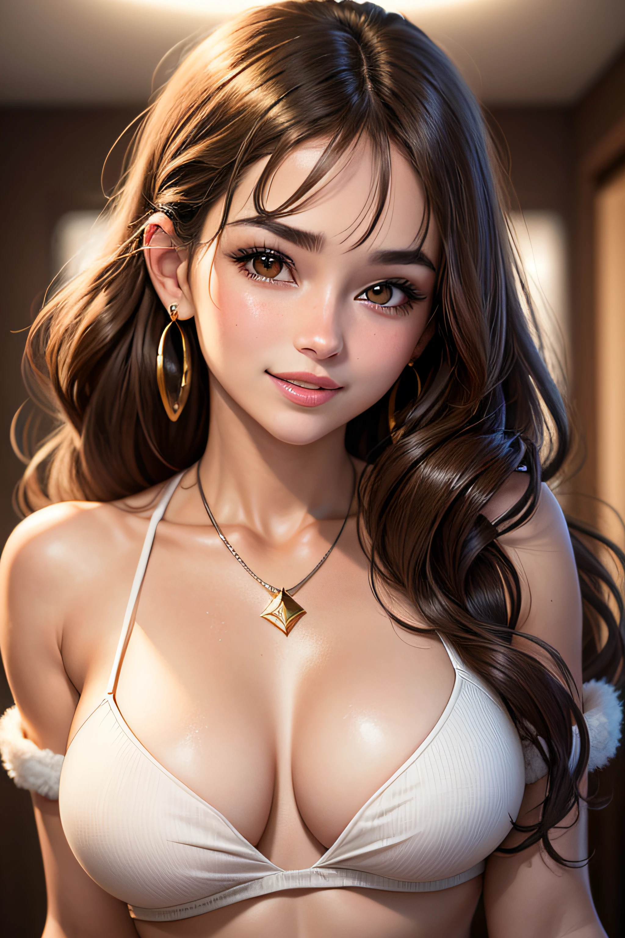 (A front photo)girl in winter clothes, Pretty face, Highly detailed face and skin texture, (Detailed eyes), Brown eyes, Double eyelids, Thin eyebrows, Glitter eyeliner: 1.2, Natural cheeks, Glowing skin, Fair skin: 1. 2, Shiny necklace and earrings, (Shiny lips: 1. 4), (Seductive smile), (20 years old), (High ponytail, Wavy hair, Brown hair, Diagonal bangs), Medium long hair, ((Upper body shot)), (Focus on chest and face), Medium large breasts, Turgid breasts.