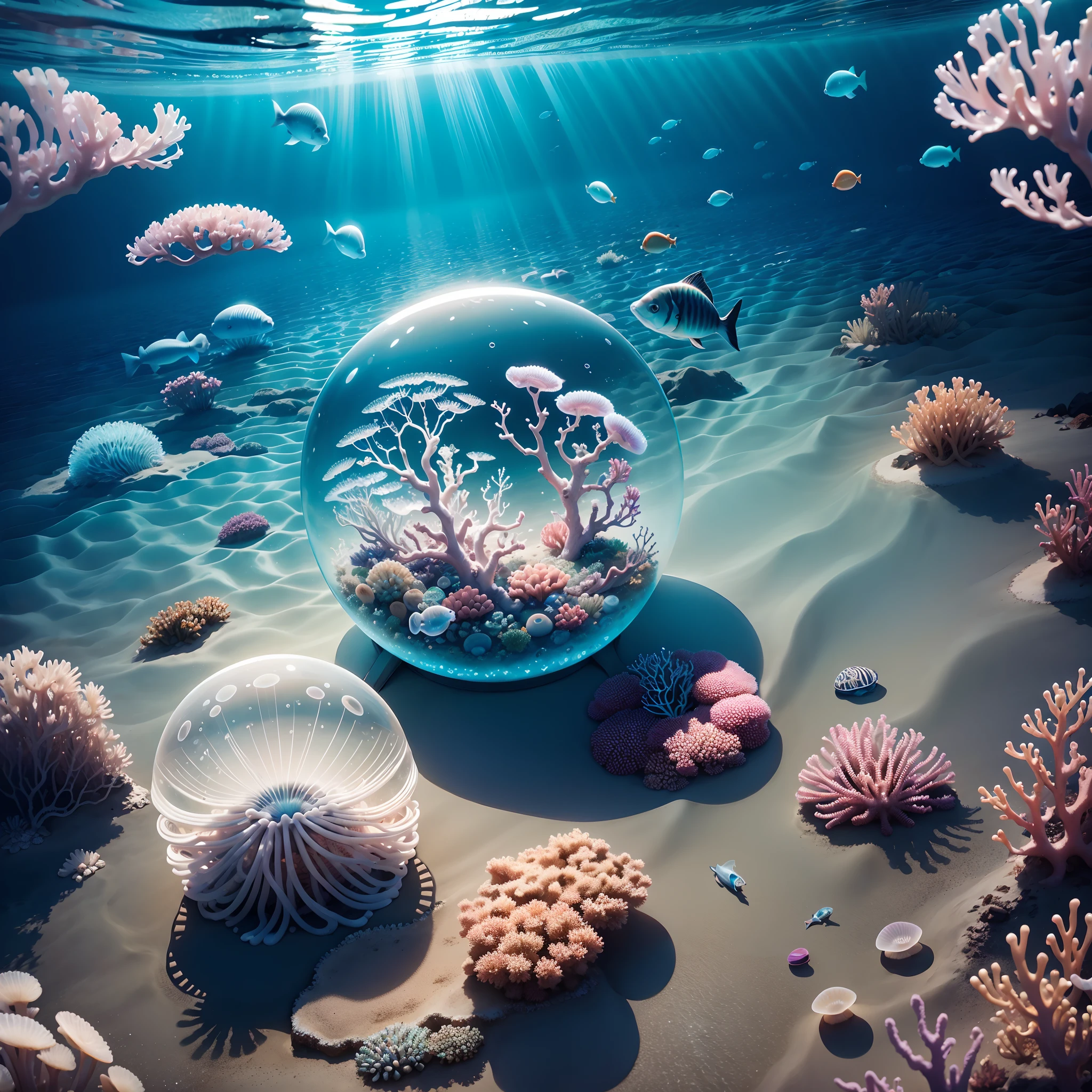 (the reef,fish flocks,jelly fish),Transparent fog,hemispherical,Look down from the sky,fanciful,Artistically,beach sand background