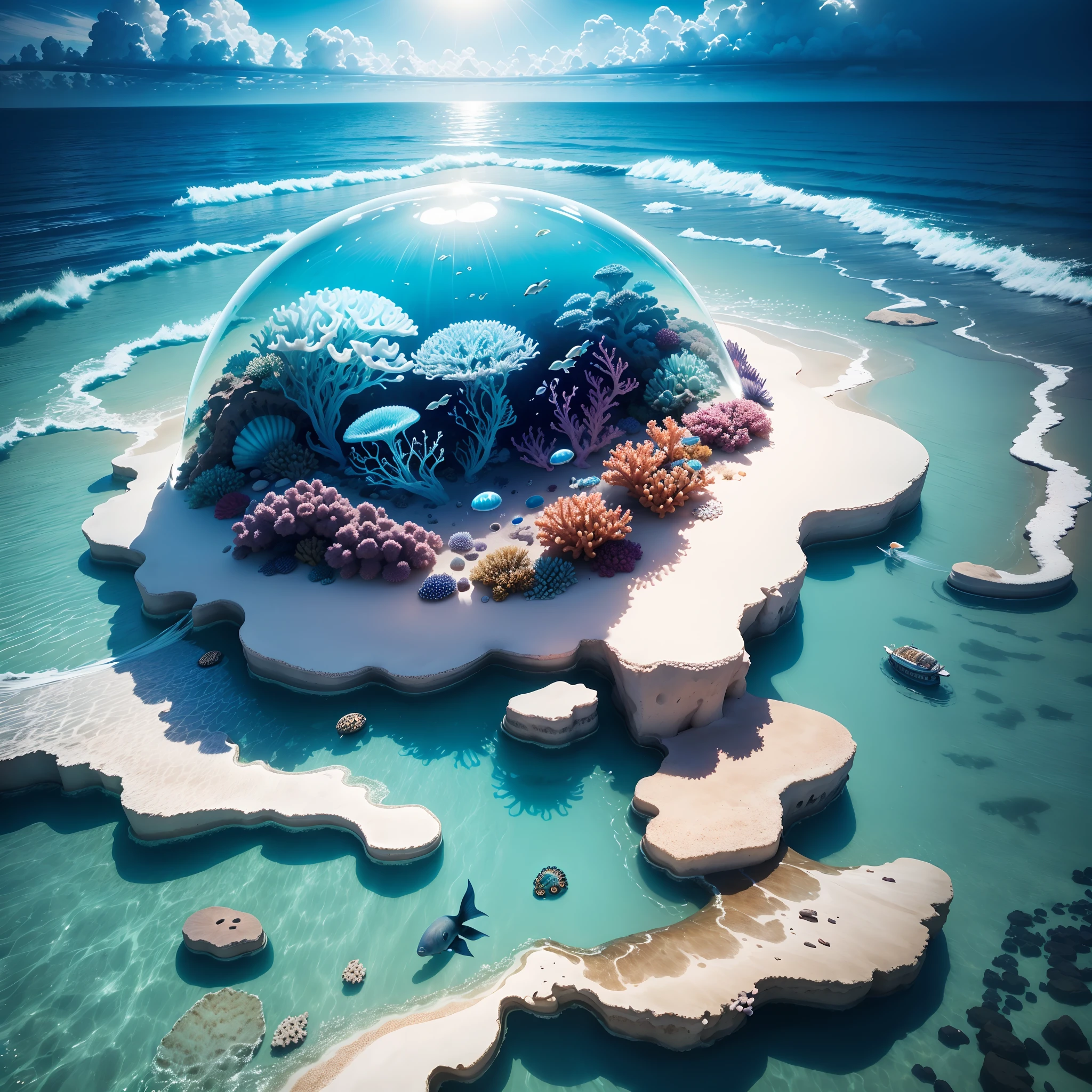(the reef,fish flocks,jelly fish),Transparent fog,hemispherical,Look down from the sky,fanciful,Artistically,beach sand background