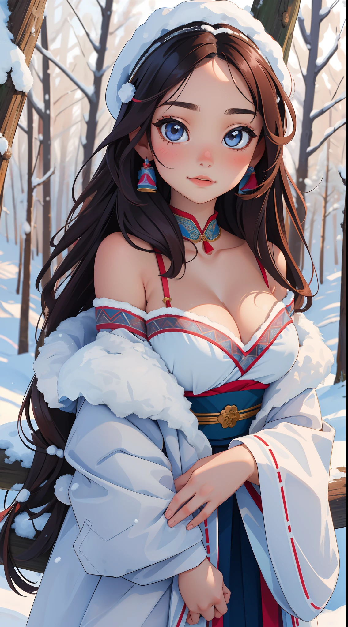 , Haplogroup D1a1a1, High quality, Masterpiece, Portrait, 1girll, 11 Yeng，Large breasts，cleavage，Off-the-shoulder attire，snowfield，Forest，Snow，