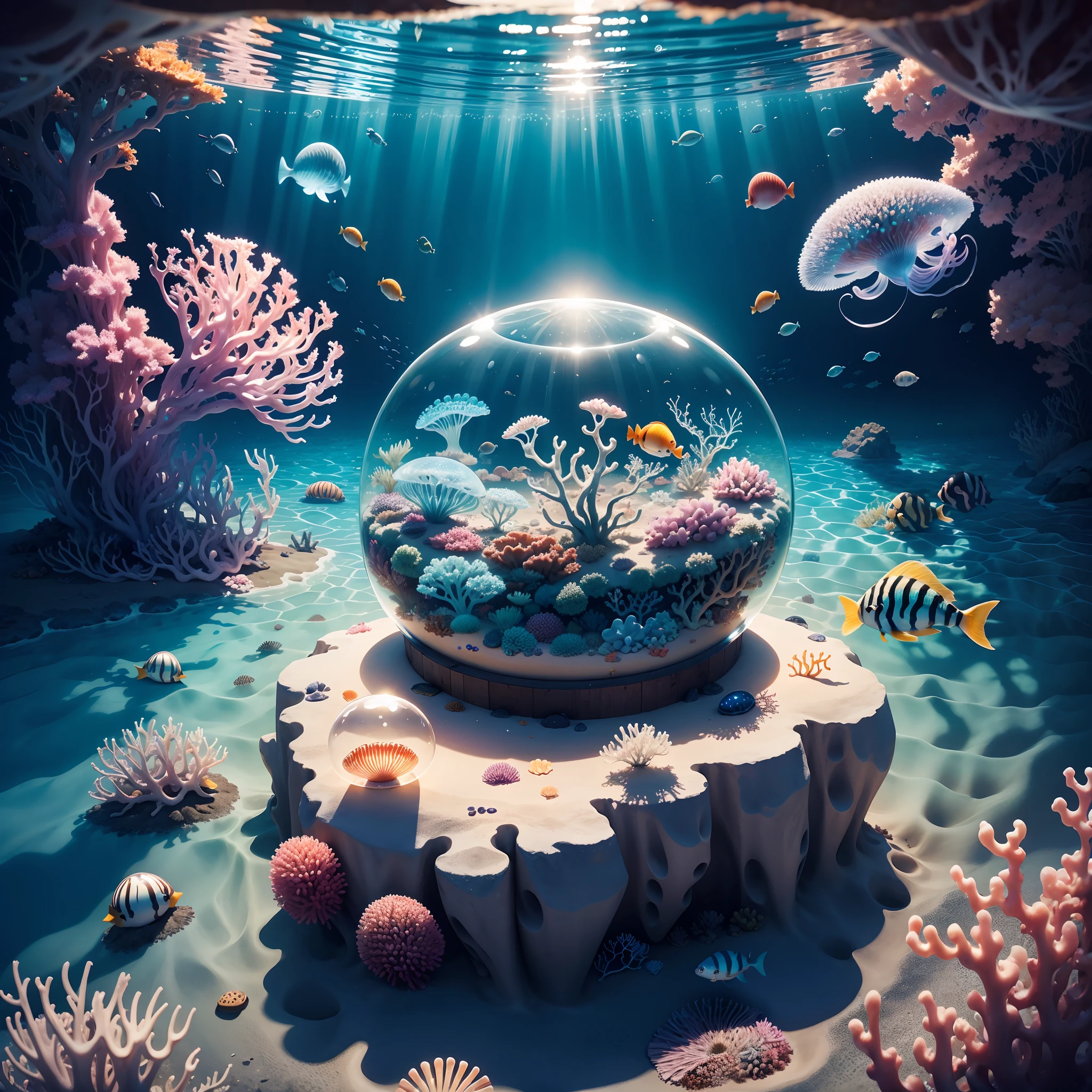 (the reef,fish flocks,jelly fish)，Transparent fog，hemispherical,Look down from the sky，fanciful，Artistically，beach sand background