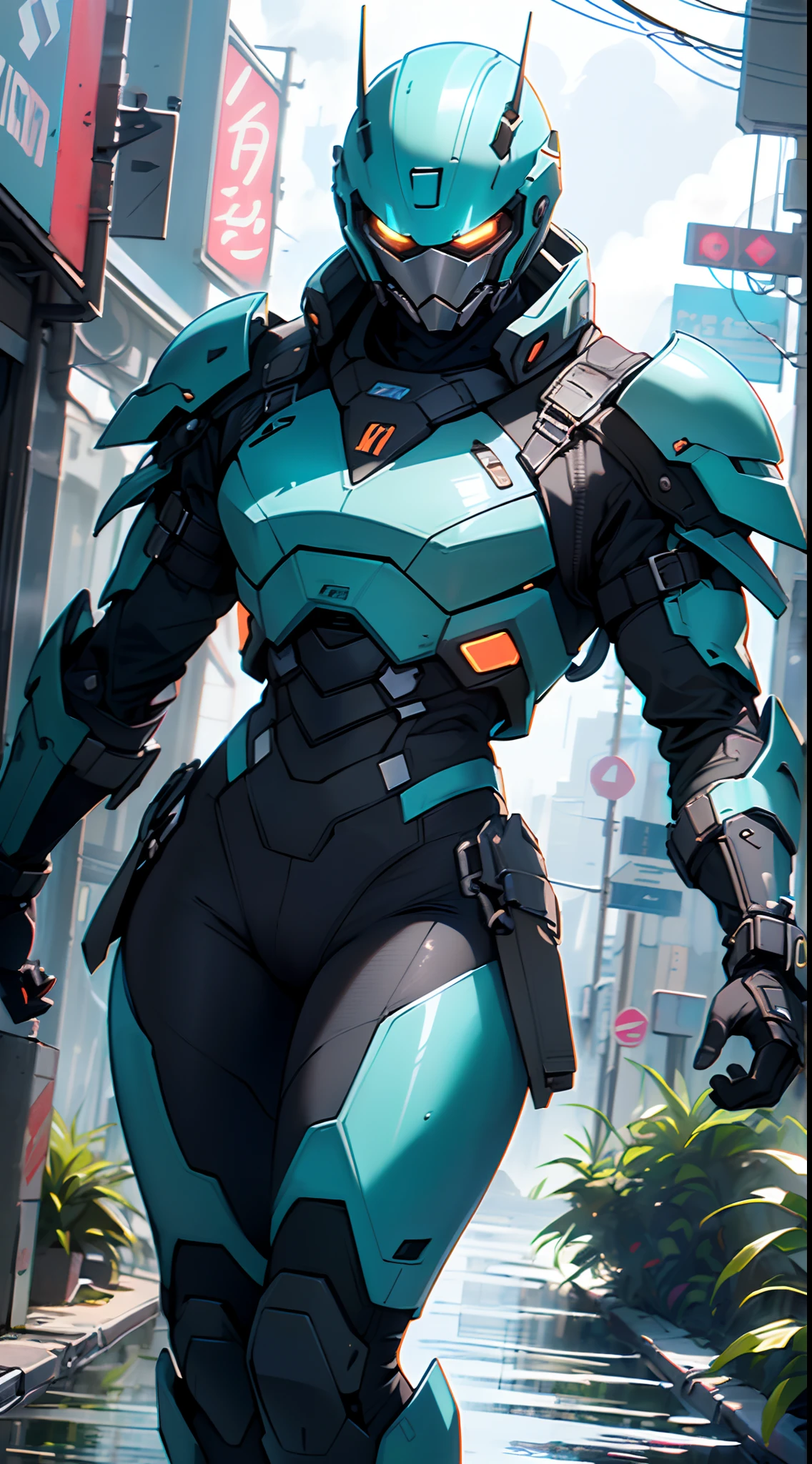muscular man in mecha armor,(((1man))),((man muscular in mecha armor)),

((exaggerated muscles,exaggerated shoulders,very muscular and huge)),man chest,((((muscular,muscular man,tall,big biceps,abs,big thighs,broad shoulders)))),

mandalorian helmet,underwater armor,mecha armor,full of weapons,((LED lights, RGB lights,black and neon blue armor)),((wet armor,intricate armor,detailed armor)),

(dynamic pose:1.0),solo focus,(centered,scale to fit dimensions,Rule of thirds),

cyberpunk city by the ocean at night, with bright neon signs and dark stormy clouds and puddles, scenery:1.25,

highres, sharp focus, (ultra detailed, extremely detailed), (photorealistic artwork:1.37),(extremely detailed CG unity 8k wallpaper),((synthwave background theme)),(((vibrant colors))),(intricate background),(masterpiece),(best quality),