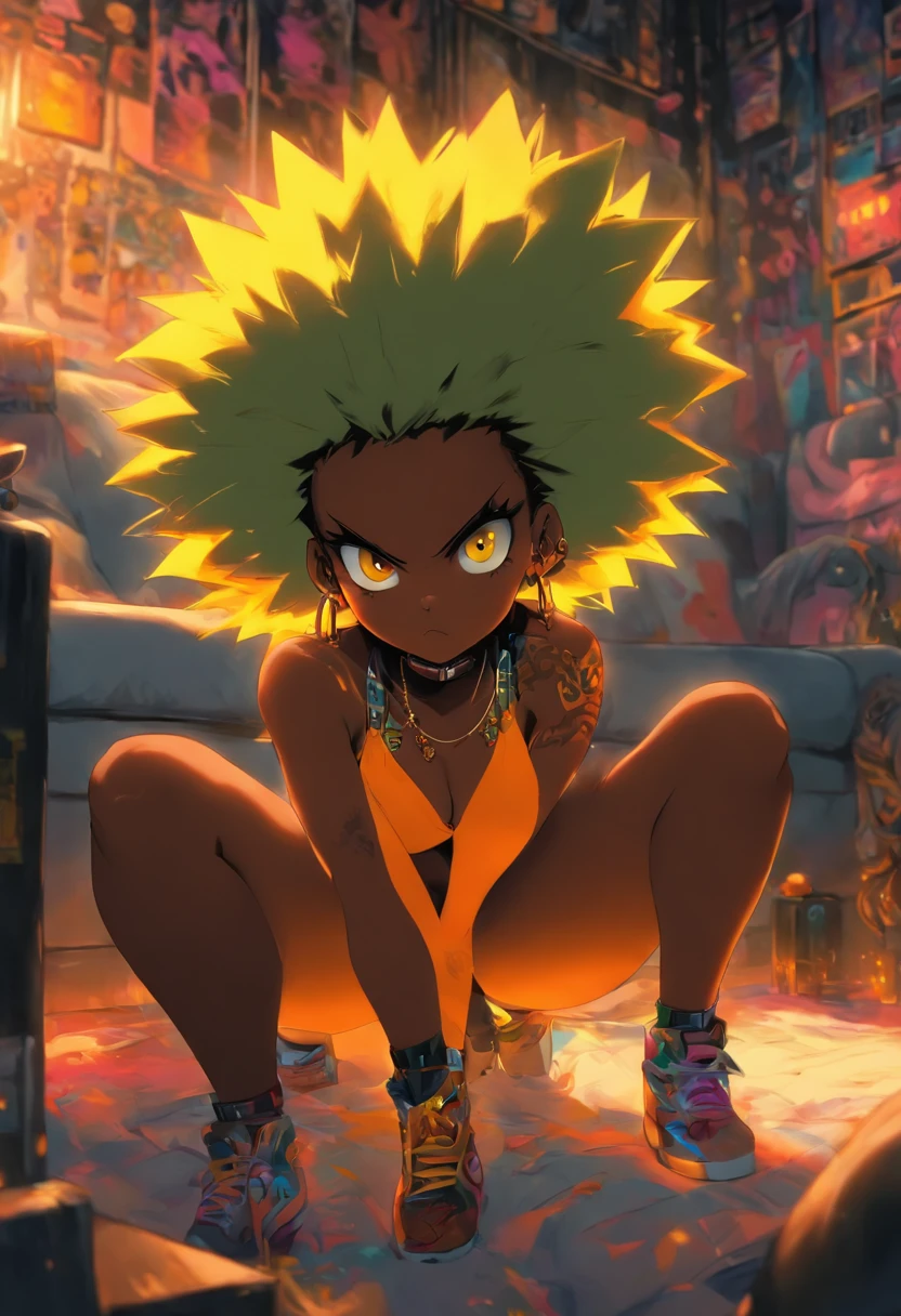 sitting down on couch in basement, pussy and nipples, huge ass/thighs, small waist, naked sexy punk rock girl, black Afro, huge boobs, yellow eyes, dark skin, High resolution
