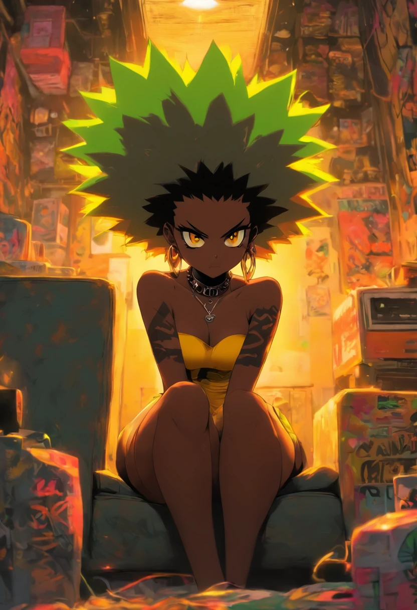 sitting down on couch in basement, pussy and nipples, huge ass/thighs, small waist, naked sexy punk rock girl, black Afro, huge boobs, yellow eyes, dark skin, High resolution