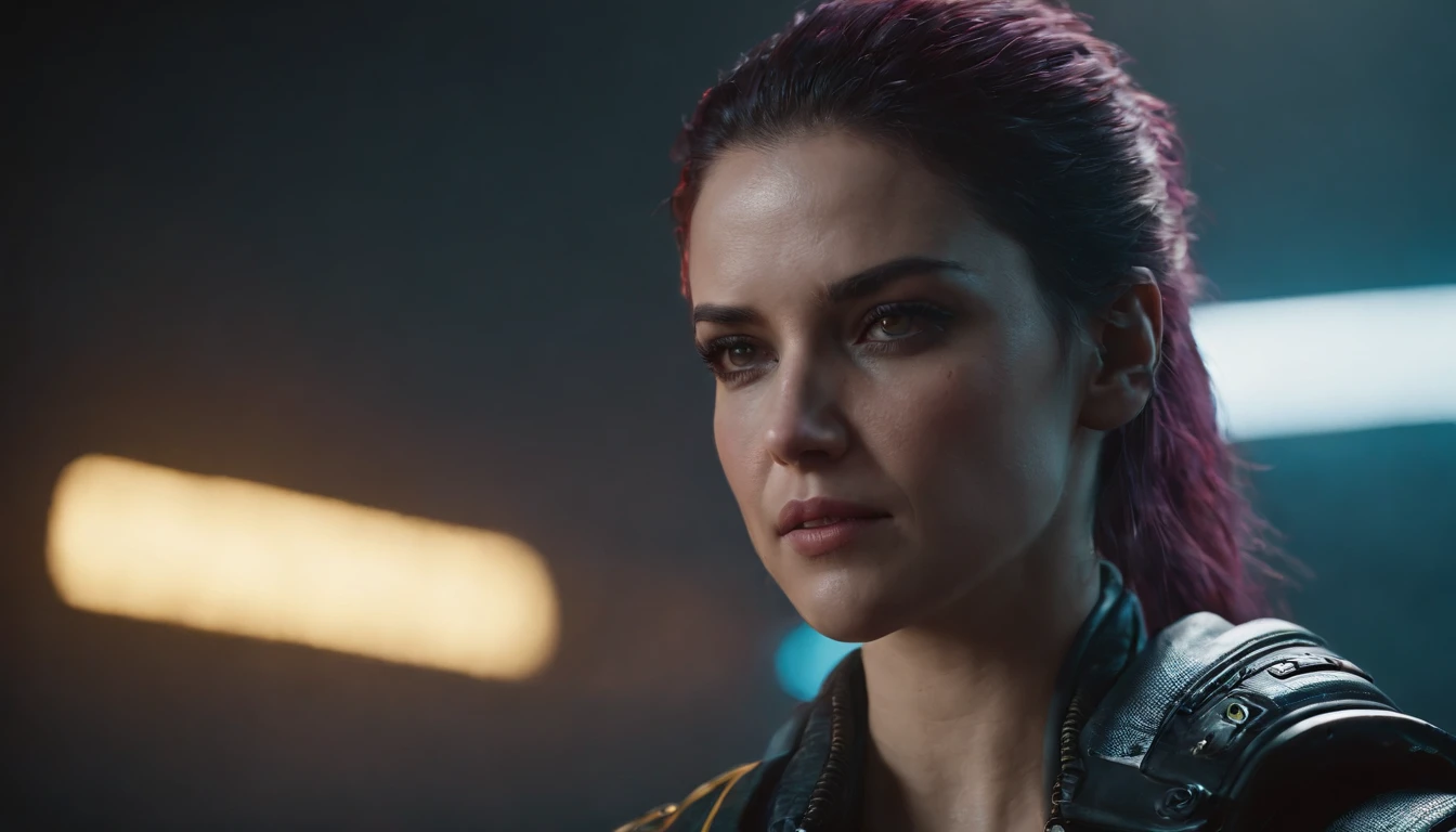 Dark cyberpunk 2077 female character, upper body.