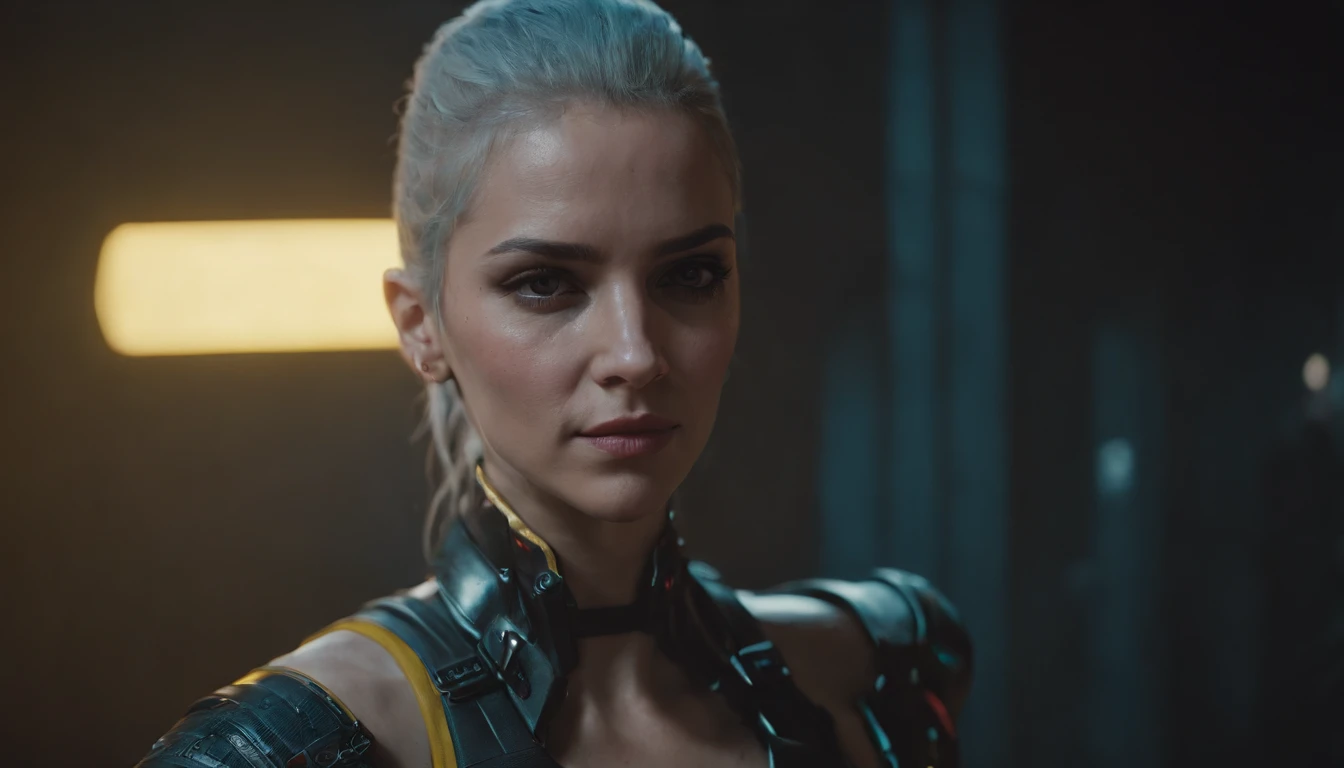 Dark cyberpunk 2077 female character, upper body.