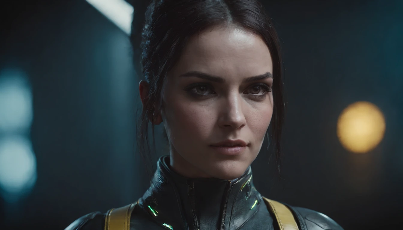 Dark cyberpunk 2077 female character, upper body.
