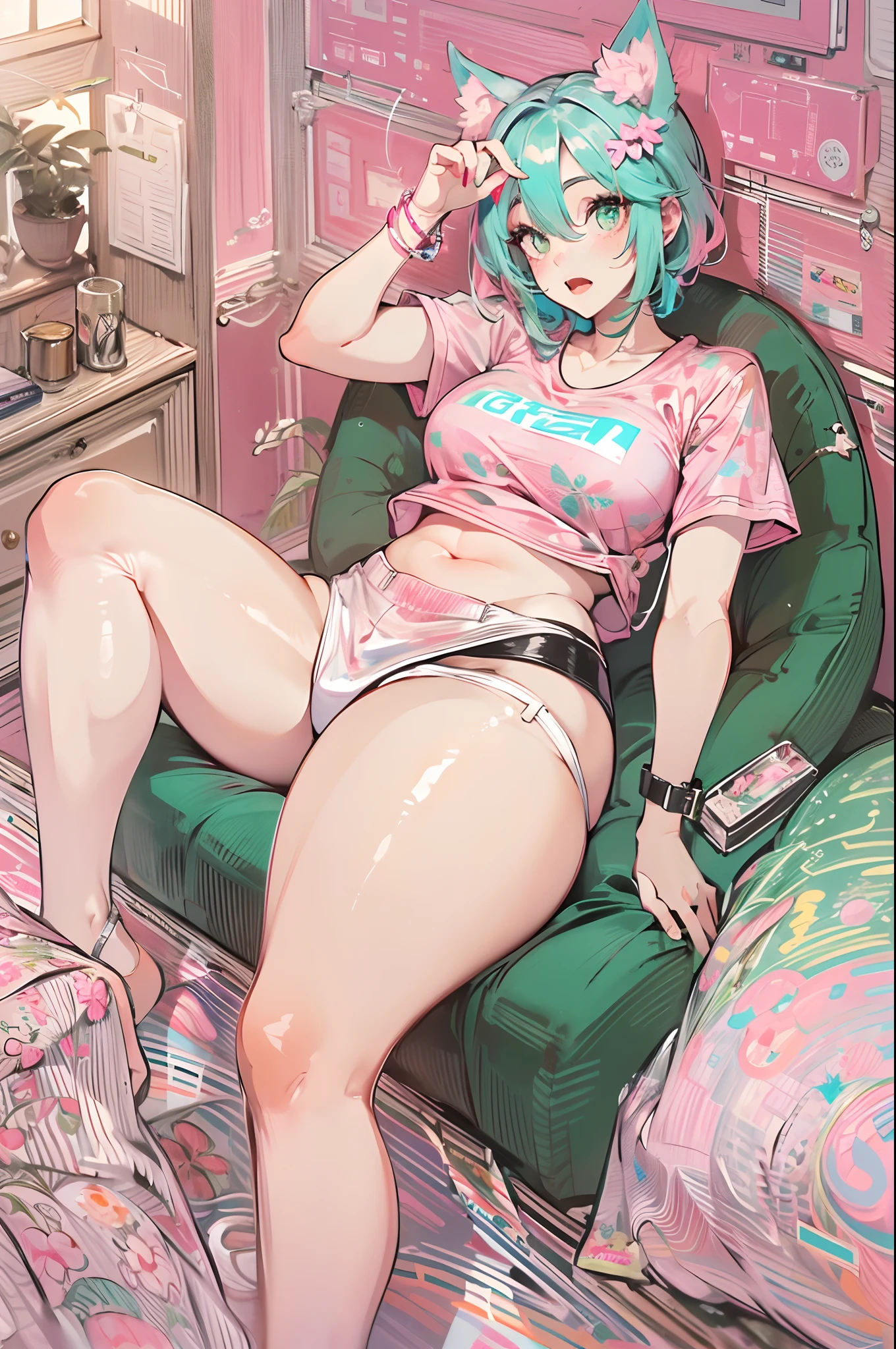 ((Mature adult tall women, mature_face)), (Glowing aqua green eyes), Cat ears, Narrow waist, Gradient (Pink hair), Large breasts, big-areola, (Oily skin) ,              


Big ass, Pink_Hair, Barefoot, Solo, Rating:questionable, Indoors, underwear, Panties, Legs up, (From the side Side), thicc, T-shirt, ❤ Love, Thick thighs