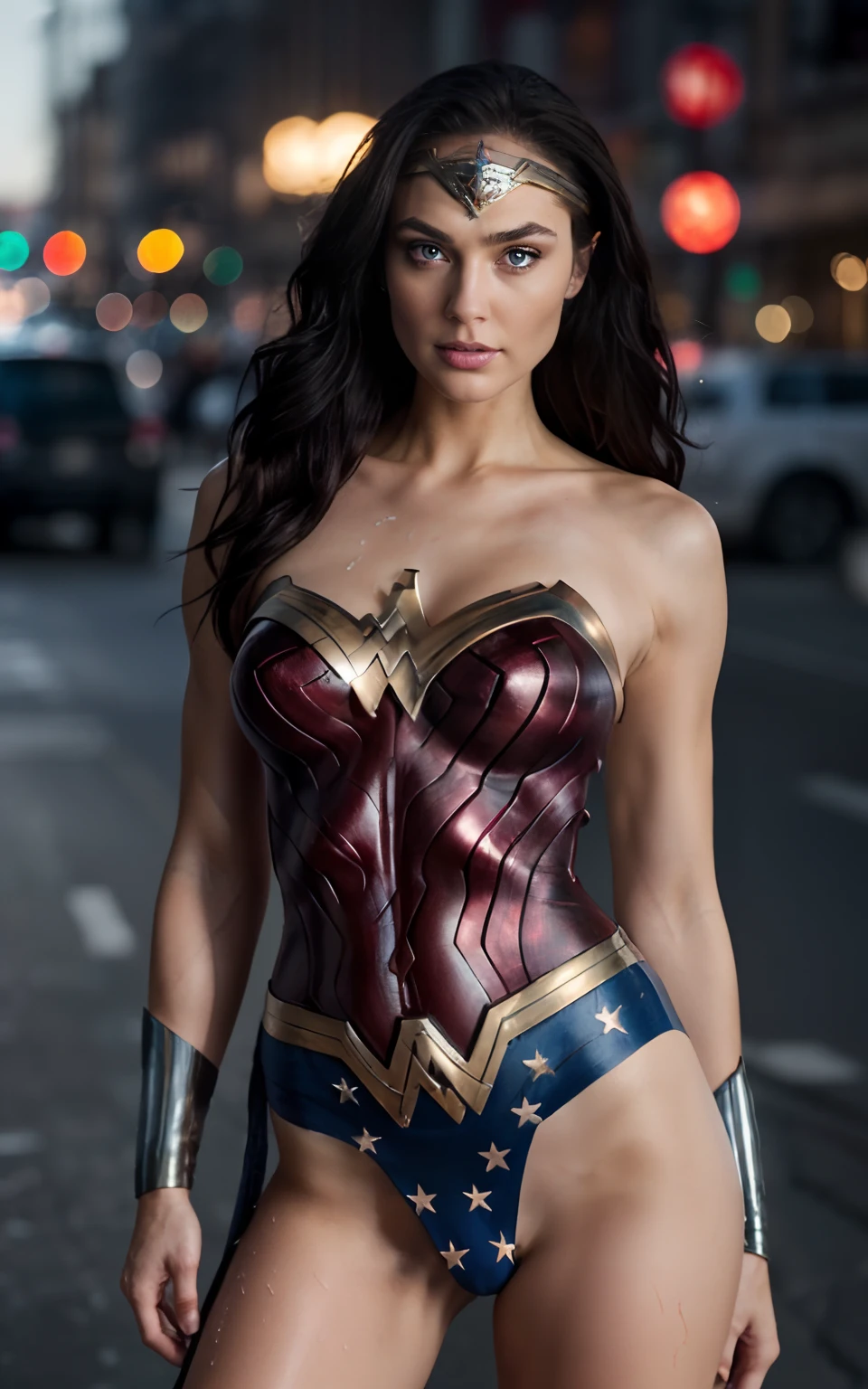 (Masterpiece, Premium Quality),1girl ,(((NSFW))), (((full body shot))),{{Depth of field}}, Hyper detail, 1woman, (Victoria's Secret Model Wonder Woman), single, full body, (Intricate details, make up), (Delicate and beautiful face, delicate and beautiful eyes, Face with perfect proportions), High detail skin, delicate skin, Best proportions four fingers and a thumb, Strong and realistic blue eyes , Realistic black hair, lips, makeup, Natural skin texture, tiara, Intimate Wear(Victoria's Secret Wonder Woman) Slightly sunburned, mature, sexy, elastic muscles, ((Strong and healthy body)), Moist bodysuit, wet hair, wet face, long legs, curved thighs, Thick, Wide Buttocks, thin legs, (big breasts: 1.2), thin waist, soft waist, (delicate skin), (Moist body: 1.0), (Beautiful woman and sexy), (puffy lips: 0.9), (lashes: 1.2), very delicate muscle definition, LED panel lights arranged in a square shape to imitate existing outdoor luminaires, cyber city, ((Top Quality)), ( (Masterpiece)), ((realistic)), (Detailed), cinematic lighting, complex, High detail, sharp focus.