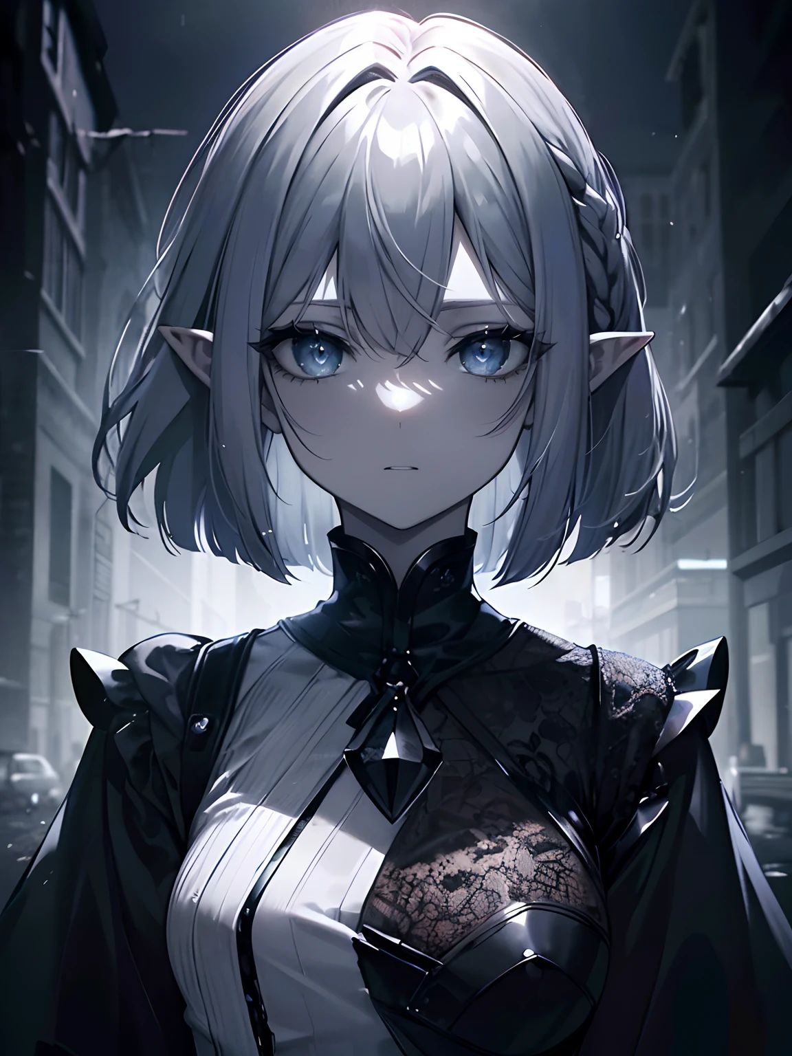 (masterpiece,best quality,ultra-detailed),1girl,messy hairstyle,mane, long bob cut,black and blue hait,pale skin,pointy ears,beautiful and detailed face, detailed eyes,night,fog,street, looking at viewer,small chest,((grey theme)),((horror theme))