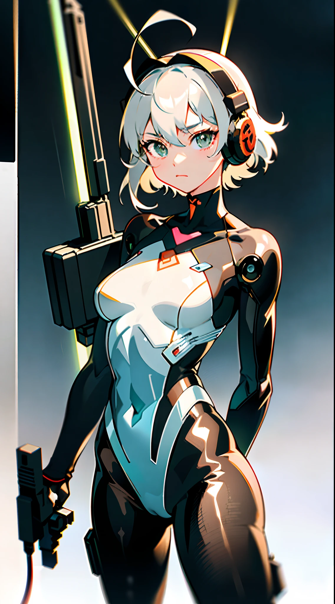 ulzzang -6500-v1.1,(Raw foto:1.2), (Photorealsitic:1.4), hight resolution、An ultra-high picture quality。 (Detailed super beautiful one woman。Tall slender 24 years old、White technical wear and futuristic women's battlesuit(for urban warfare、Details will be described later................)Please wear),Equipped with a large laser rifle、Always ready to shoot、 disheveled short brown hair、Wearing a small headset、fullllbody, nffsw(HighDynamicRange), Anisotropy Filtering,depth of fields,Maximum clarity and sharpness,, ((Beautiful large breast)(Sagging udder)、((The chest and lower body are lightly armed and the skin is exposed, however、Can withstand combat))、Beautiful athlete thighs、Trained abs、skin tanned、 Realistic Professional Lighting,、 ((dynamicposes))、 Sophisticated gaze hereinafter、battle suits(for urban warfare)pronpt: Color scheme: Basic colors: blanche、Gunmetal and metal silver accents。 Suit design: With a shape that fits the curves of the body、Fine details、The visible part that supports the movement of muscles and joints。 Advanced electronics and sensors are built into the whole body、Especially the back of the hand and the arm、Stand out at the ankle。 Especially chest armor、backs、Placed on the thigh、Has the ability to prevent attacks from laser guns。 In the center of the chest there is a slit-shaped opening,、Some troughs look designed.。 headset on head: Small antennas and sensors、Ultra-compact speaker and microphone、Attach to the side and top of the headset。 arma: Large laser rifle: There is a sense of unity in the design of the suit.、white and black、Uses gunmetal livery。Built-in ability to share information with suits in real time。 Ancillary Machinery: Large railgun