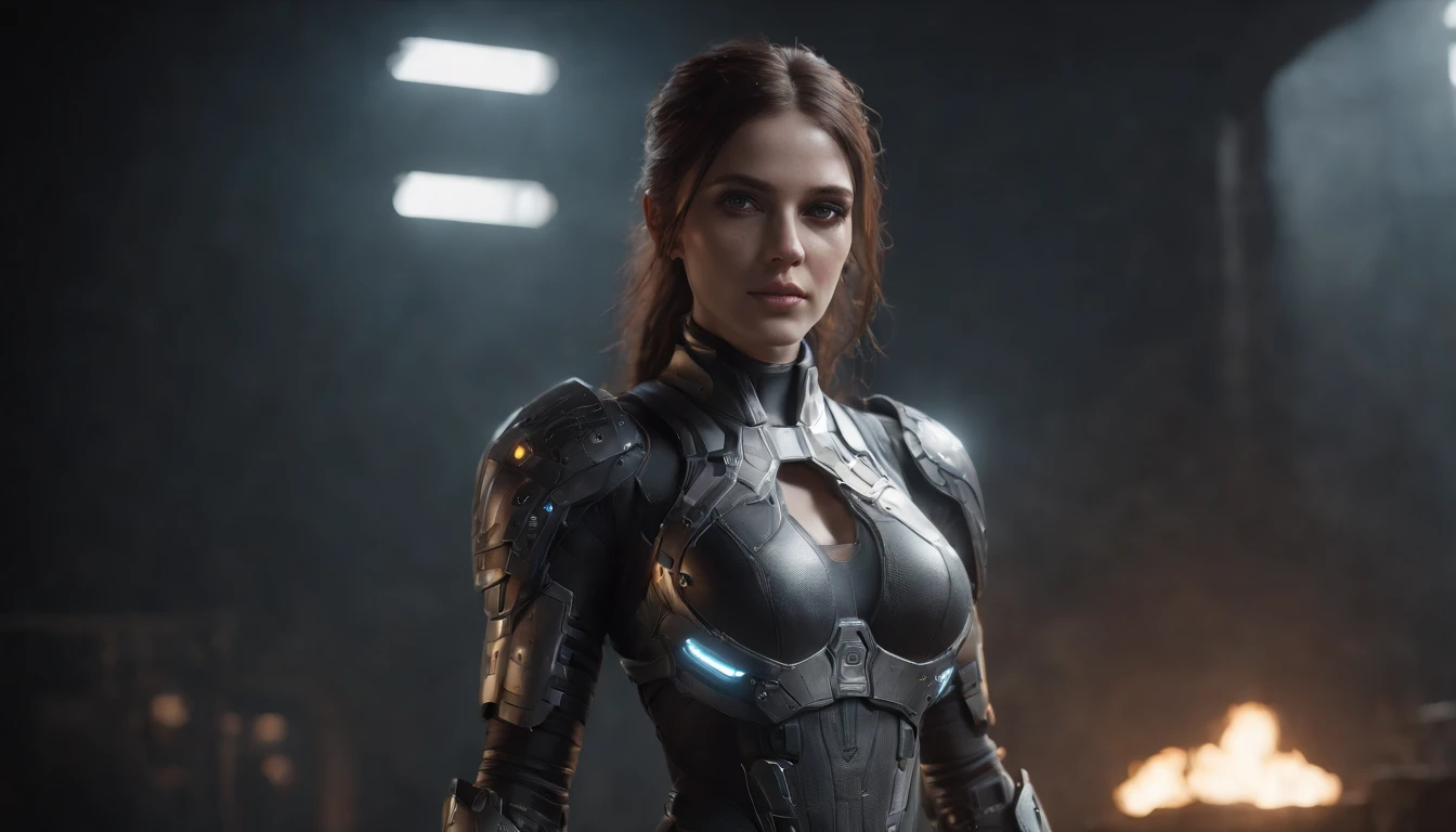 Beautiful cyborg warrior woman in rusty magic style, cyberpunk augmentation, Cyber Software, Cyborg, carbon fibers, Chrome, Implants, metal skull, Cyber plate armor, (Dark atmosphere:1.2), (Mist & Smoke), (It's Dark Night:1.3), the scars, (dark medium length disheveled hair:1.1), (eye shadows:1.1), (beautifully detailed glow:1.2), (Cinematic lighting), intricately details, A high resolution, Rounded eyes, Detailed facial features, sharp-focus, smooth, Aesthetic, Detailed dark background of industrial plant, Stylish pose, dynamicposes, (dramapaint)Eyes, HDR (High Dynamic Range), Ray Tracing, NVIDIA RTX, Super-Resolution, Unreal 5, Subsurface Scattering, PBR Texturing, Post-Processing, Anisotropic Filtering, Depth-Of-Field ,Maximum Clarity And Sharpness, Multi-Layered Textures, Albedo And Specular Maps, Surface Shading, Accurate Simulation Of Light-Material Interaction, Octane Render, Two-Tone Lighting, Low ISO, White Balance, Rule Of Thirds, Wide Aperture, 8K RAW, Efficient Sub-Pixel, Sub-Pixel Convolution, (Luminescent Particles:1.4), {{Masterpiece, Best Quality, Extremely Detailed CG, Unity 8k Wallpaper, 3D, Cinematic Lighting, Lens Flare}}, (bodysuit:1.2), Cyberpunk 2077