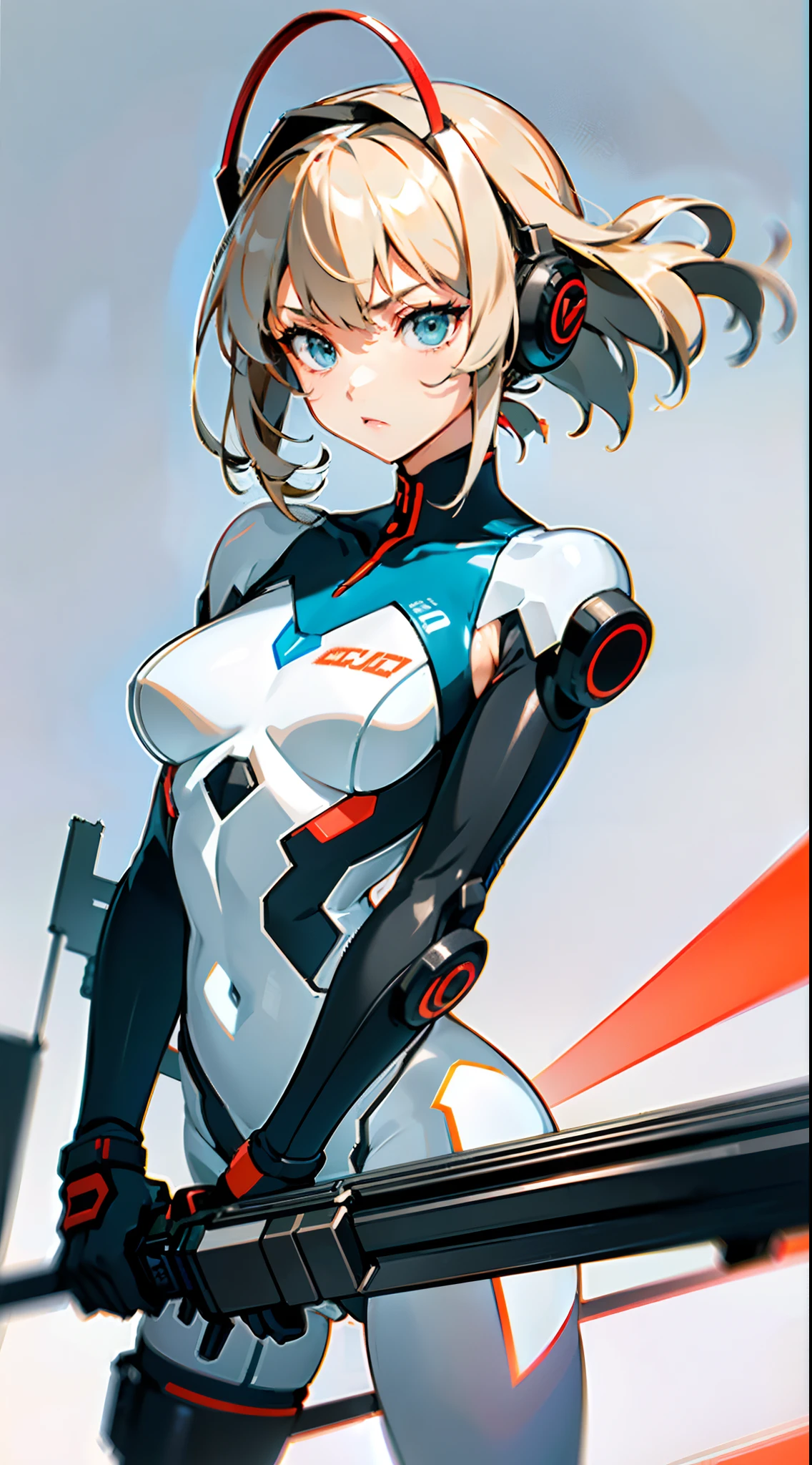 ulzzang -6500-v1.1,(Raw foto:1.2), (Photorealsitic:1.4), hight resolution、An ultra-high picture quality。 (Detailed super beautiful one woman。Tall slender 24 years old、White technical wear and futuristic women's battlesuit(for urban warfare、Details will be described later................)Please wear),Equipped with a large laser rifle、Always ready to shoot、 disheveled short brown hair、Wearing a small headset、fullllbody, nffsw(HighDynamicRange), Anisotropy Filtering,depth of fields,Maximum clarity and sharpness,, ((Beautiful large breast)(Sagging udder)、((The chest and lower body are lightly armed and the skin is exposed, however、Can withstand combat))、Beautiful athlete thighs、Trained abs、skin tanned、 Realistic Professional Lighting,、 ((dynamicposes))、 Sophisticated gaze hereinafter、battle suits(for urban warfare)pronpt: Color scheme: Basic colors: blanche、Gunmetal and metal silver accents。 Suit design: With a shape that fits the curves of the body、Fine details、The visible part that supports the movement of muscles and joints。 Advanced electronics and sensors are built into the whole body、Especially the back of the hand and the arm、Stand out at the ankle。 Especially chest armor、backs、Placed on the thigh、Has the ability to prevent attacks from laser guns。 In the center of the chest there is a slit-shaped opening,、Some troughs look designed.。 headset on head: Small antennas and sensors、Ultra-compact speaker and microphone、Attach to the side and top of the headset。 arma: Large laser rifle: There is a sense of unity in the design of the suit.、white and black、Uses gunmetal livery。Built-in ability to share information with suits in real time。 Ancillary Machinery: Large railgun